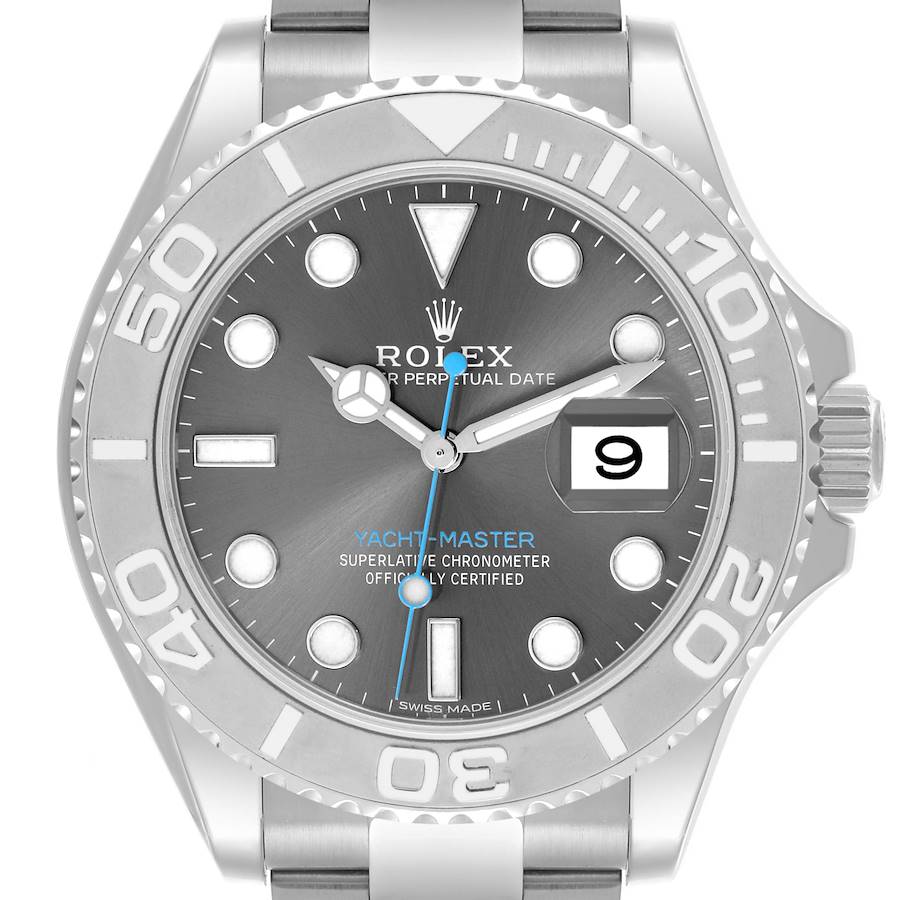 The Rolex Yacht-Master watch is shown from a front angle, displaying the face, bezel, crown, and part of the bracelet.