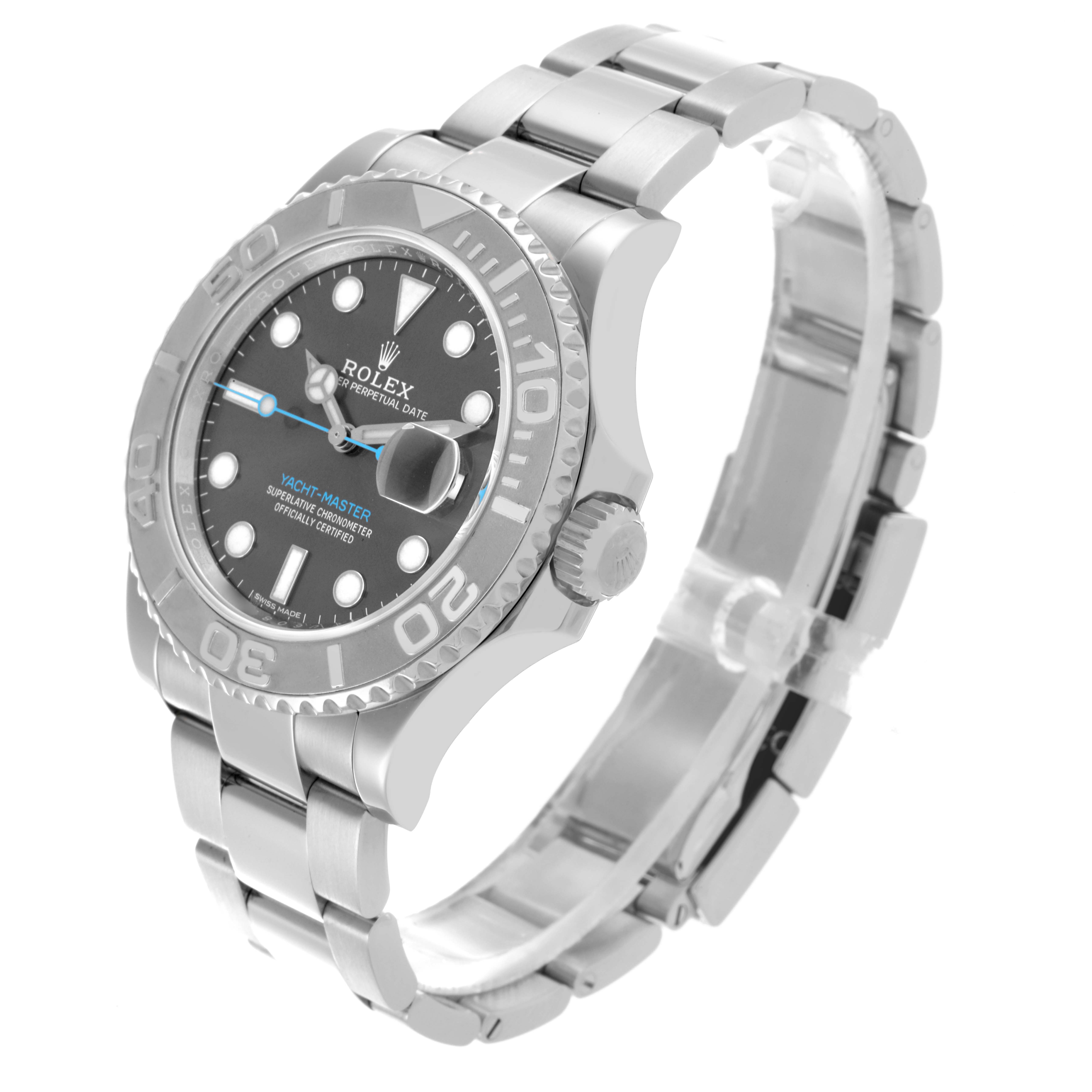 The Rolex Yacht-Master 116622 Men's Stainless Steel Grey Dial 116622 Men's Stainless Steel Grey Dial watch is shown at a three-quarter angle, displaying the face, bezel, crown, and bracelet.