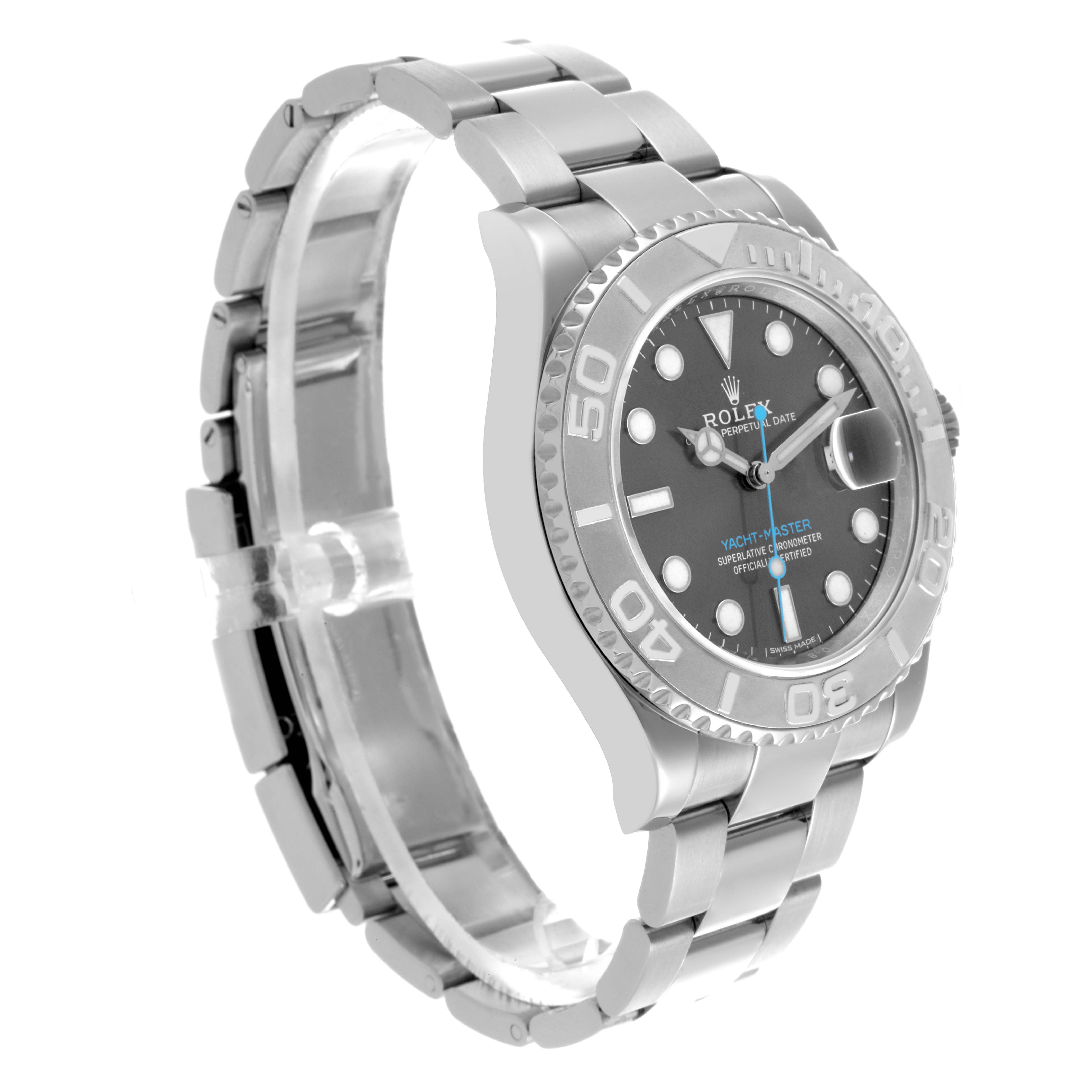 The Rolex Yacht-Master 116622 Men's Stainless Steel Grey Dial 116622 Men's Stainless Steel Grey Dial watch is shown at a side angle, highlighting its bezel, dial, and bracelet.