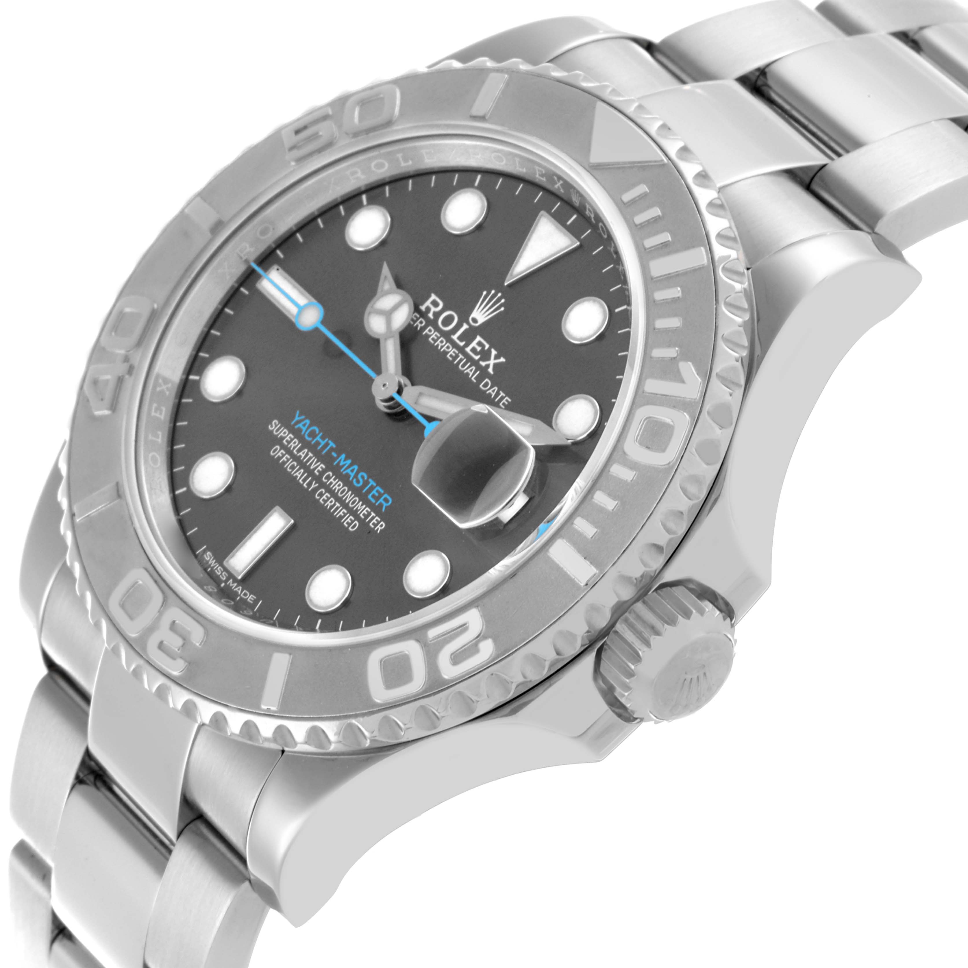The Rolex Yacht-Master 116622 Men's Stainless Steel Grey Dial 116622 Men's Stainless Steel Grey Dial watch is shown at an angled side view, displaying the bezel, dial, and part of the metal bracelet.