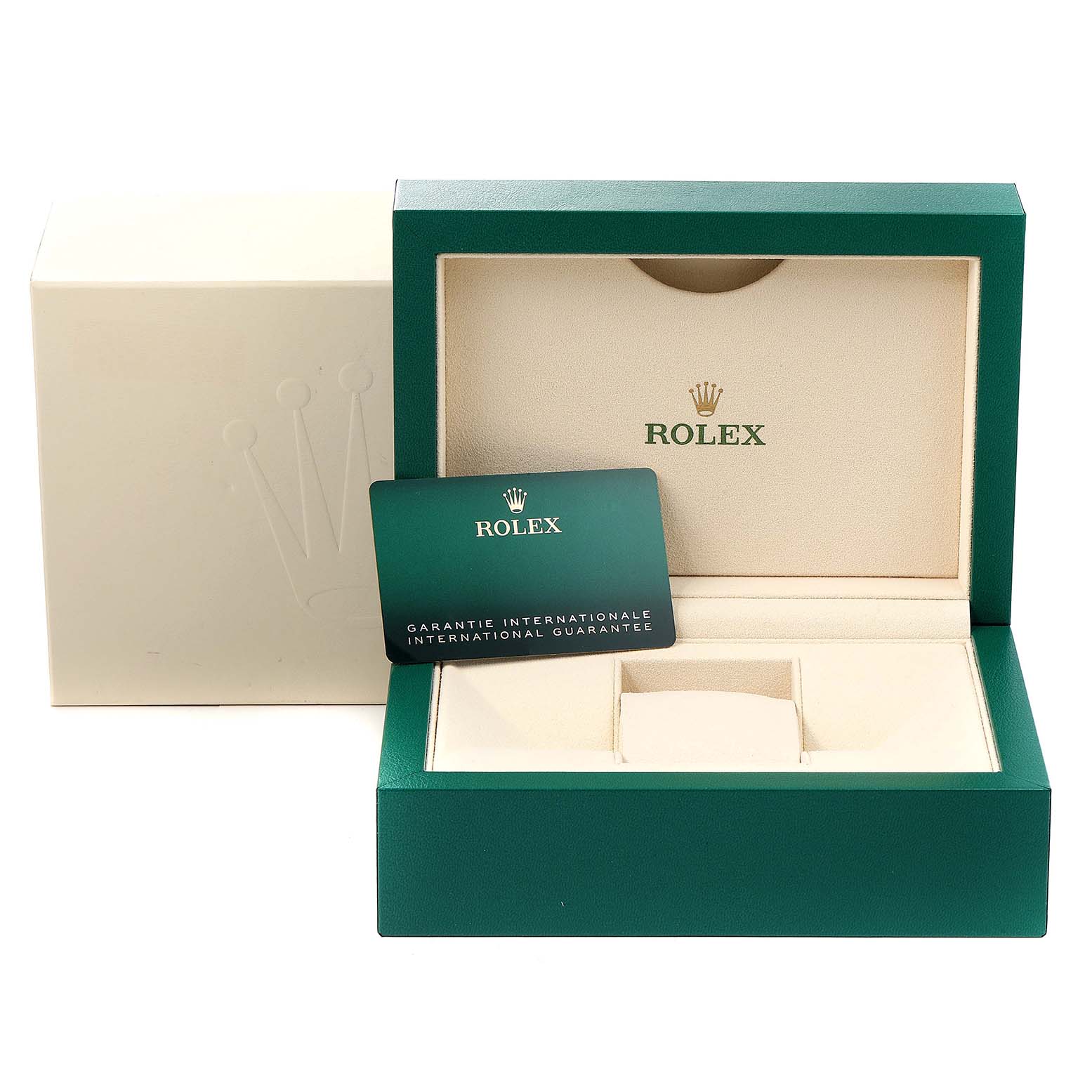 The image shows the open box and international guarantee card for a Rolex Yacht-Master 126622 Men's Stainless Steel Blue Dial 126622 Men's Stainless Steel Blue Dial watch.