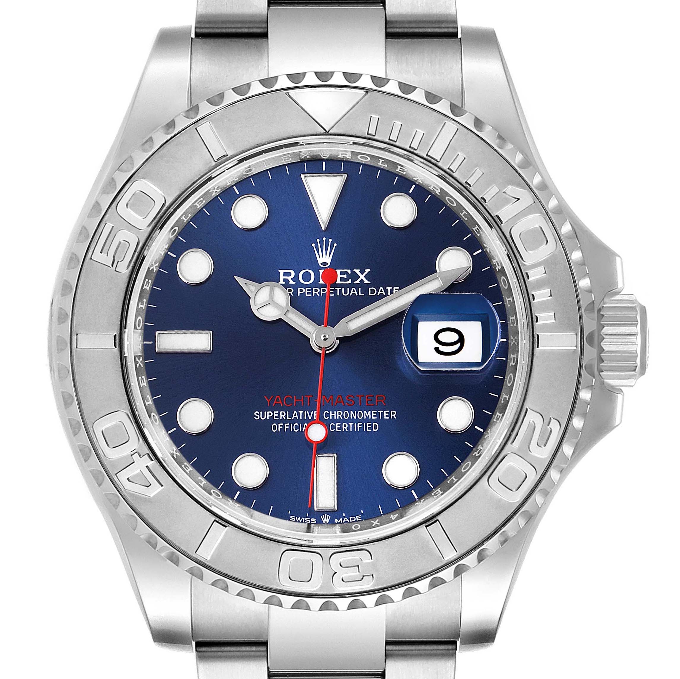 The image shows a front view of a Rolex Yacht-Master 126622 Men's Stainless Steel Blue Dial 126622 Men's Stainless Steel Blue Dial watch, highlighting its blue dial, date window, and bezel.