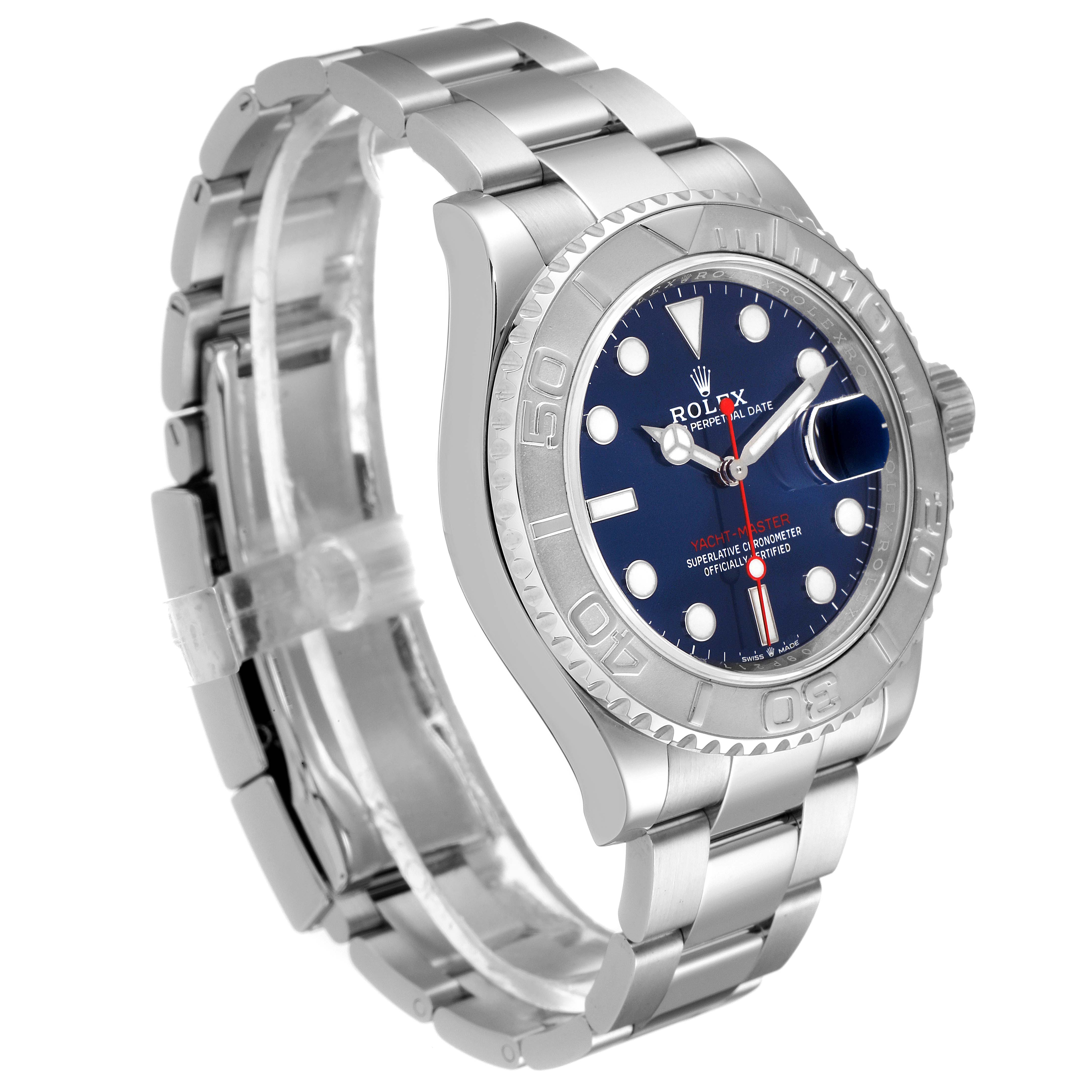 This image shows a Rolex Yacht-Master 126622 Men's Stainless Steel Blue Dial 126622 Men's Stainless Steel Blue Dial watch at a three-quarter angle, displaying its dial, bezel, crown, and bracelet.