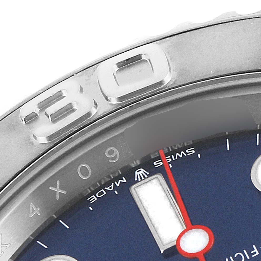 This close-up image shows the bezel and partial dial of a Rolex Yacht-Master 126622 Men's Stainless Steel Blue Dial 126622 Men's Stainless Steel Blue Dial watch.