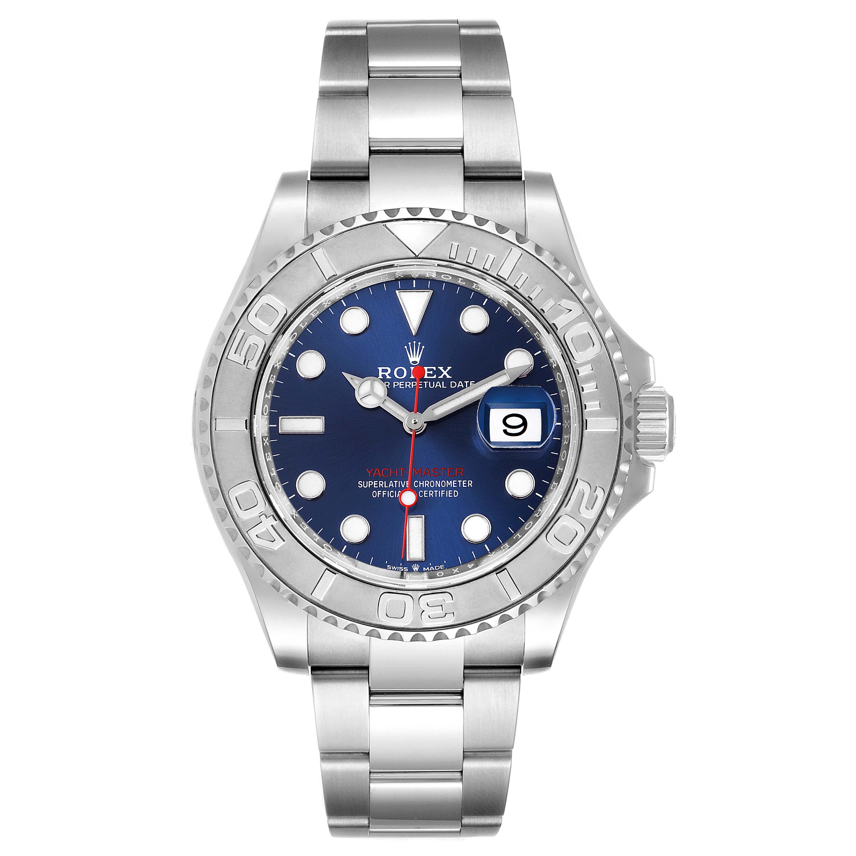 This Rolex Yacht-Master 126622 Men's Stainless Steel Blue Dial 126622 Men's Stainless Steel Blue Dial watch is shown from a front view, displaying its blue dial, date window, and stainless steel bracelet.
