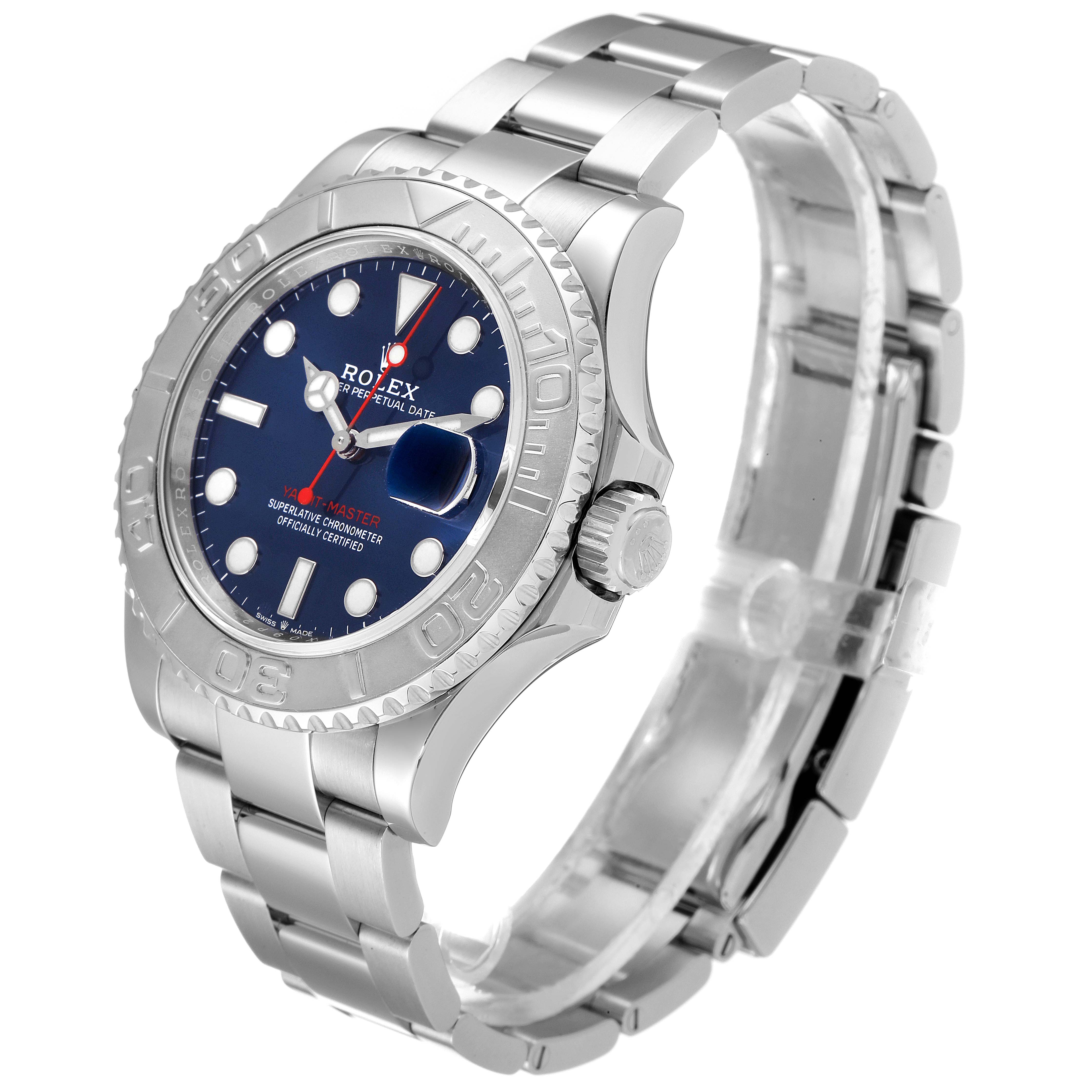 The image shows a side angle of the Rolex Yacht-Master 126622 Men's Stainless Steel Blue Dial 126622 Men's Stainless Steel Blue Dial watch, highlighting its case, bezel, dial, crown, and bracelet.