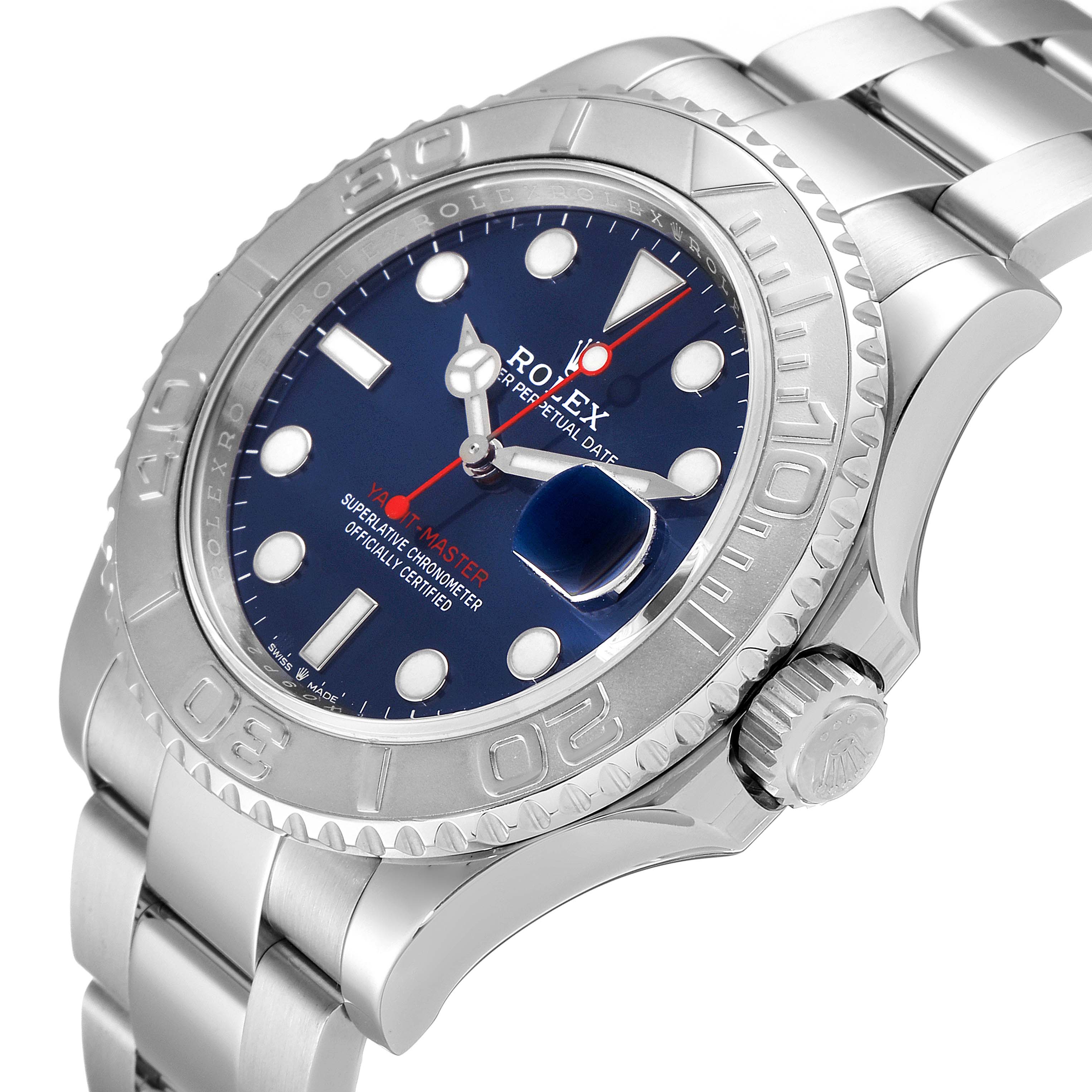 This image shows a Rolex Yacht-Master 126622 Men's Stainless Steel Blue Dial 126622 Men's Stainless Steel Blue Dial watch from an angled side view, highlighting its face, bezel, crown, and bracelet.
