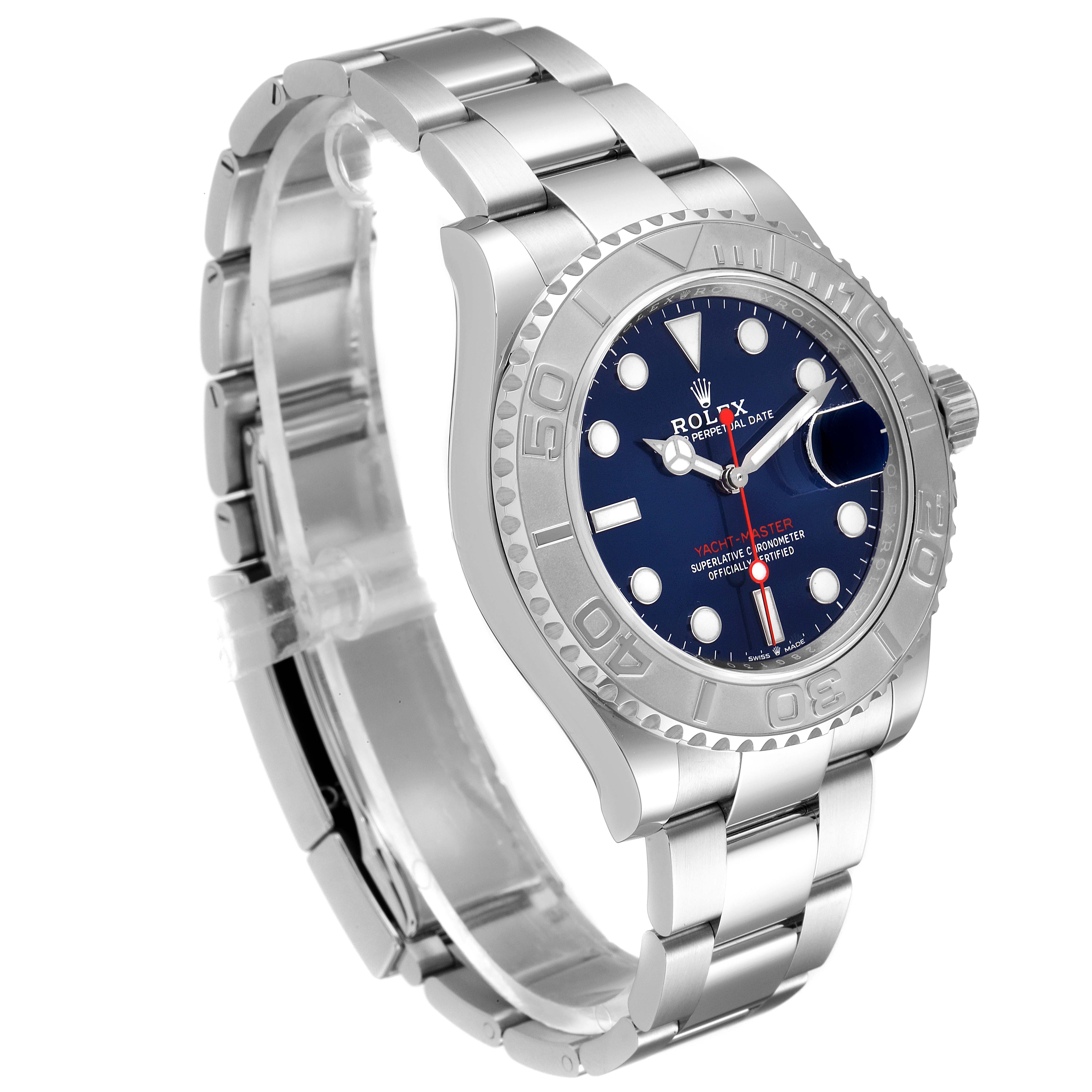 The Rolex Yacht-Master 126622 Men's Stainless Steel Blue Dial 126622 Men's Stainless Steel Blue Dial watch is shown at a diagonal angle, displaying the face, bezel, and bracelet.
