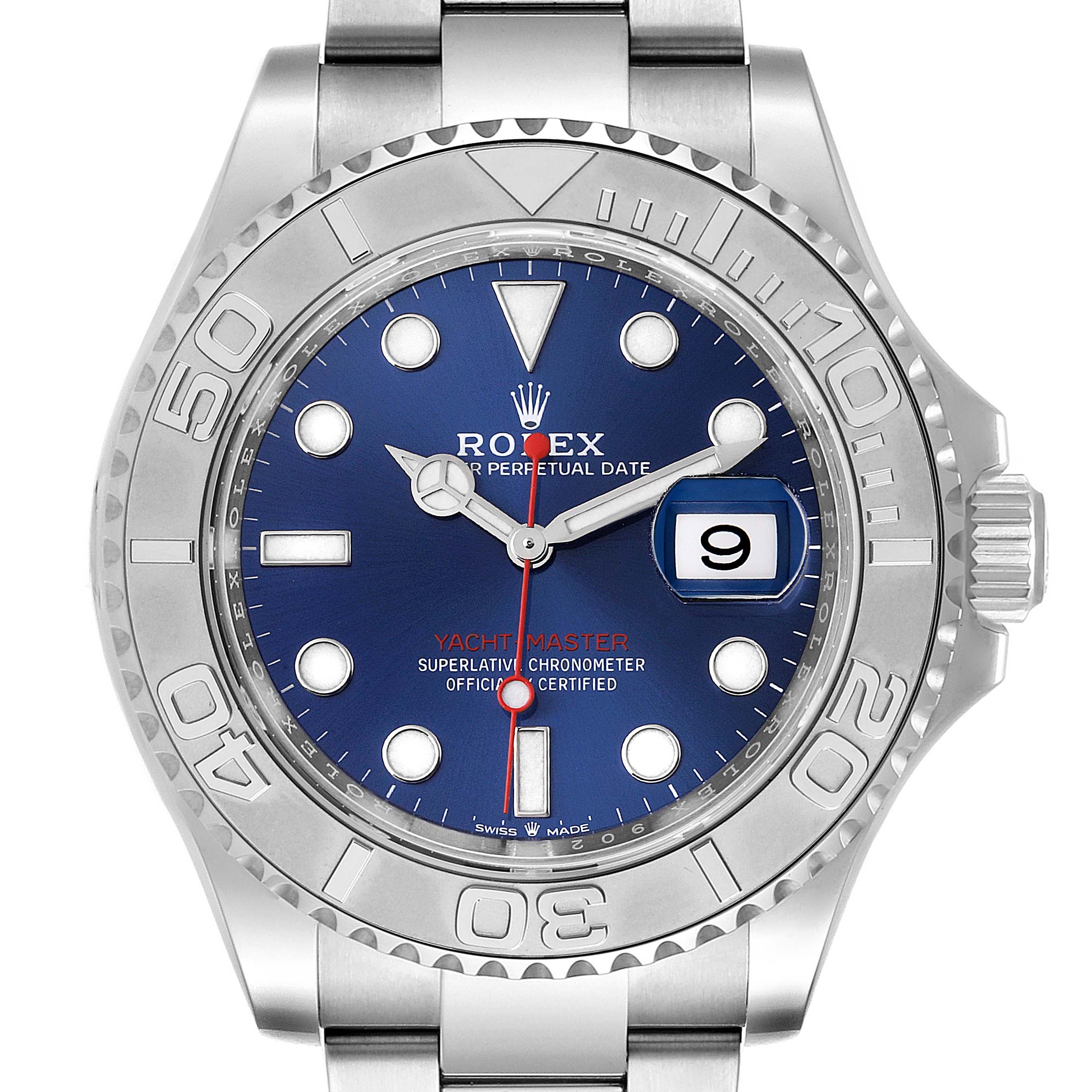 The image shows a frontal view of the Rolex Yacht-Master 126622 Men's Stainless Steel Blue Dial 126622 Men's Stainless Steel Blue Dial watch's face, bezel, and part of the bracelet.