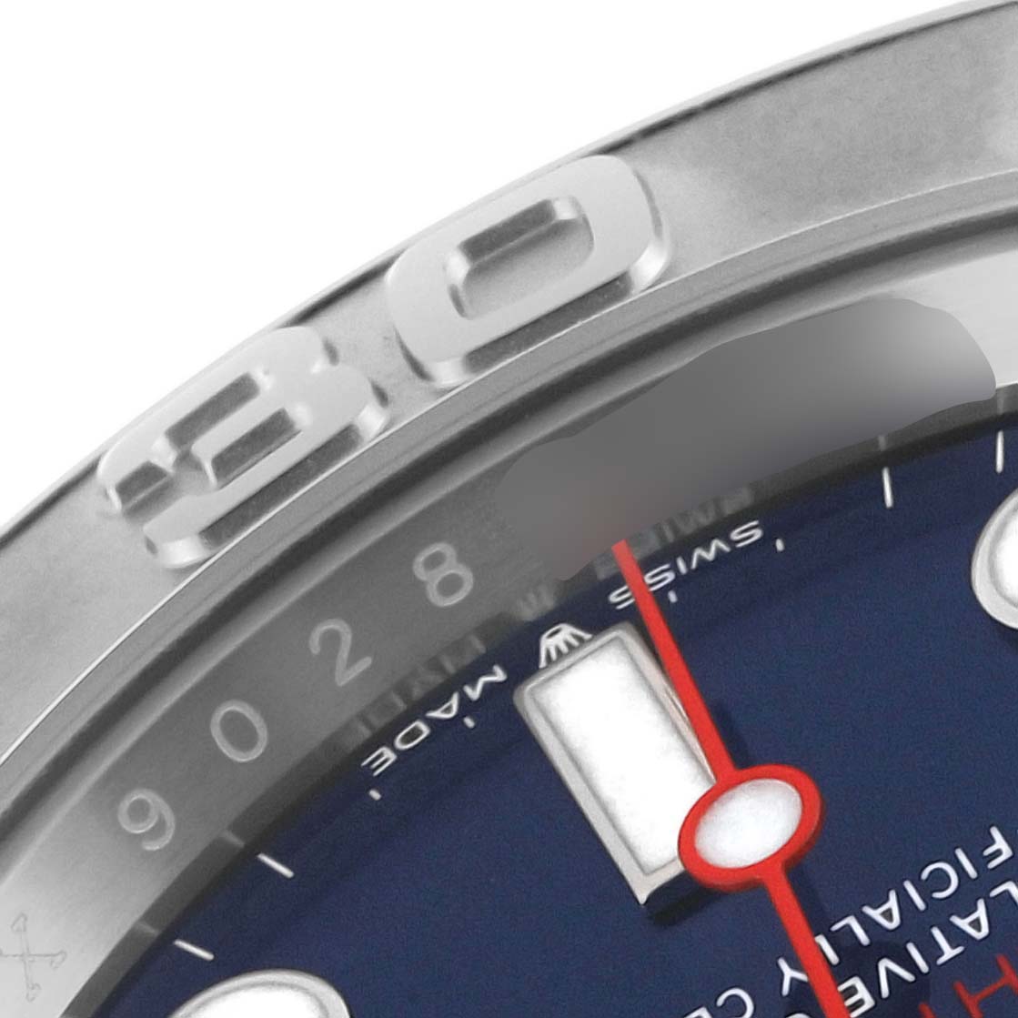 Close-up of the Rolex Yacht-Master 126622 Men's Stainless Steel Blue Dial 126622 Men's Stainless Steel Blue Dial watch showing part of the bezel, dial, and red second hand.