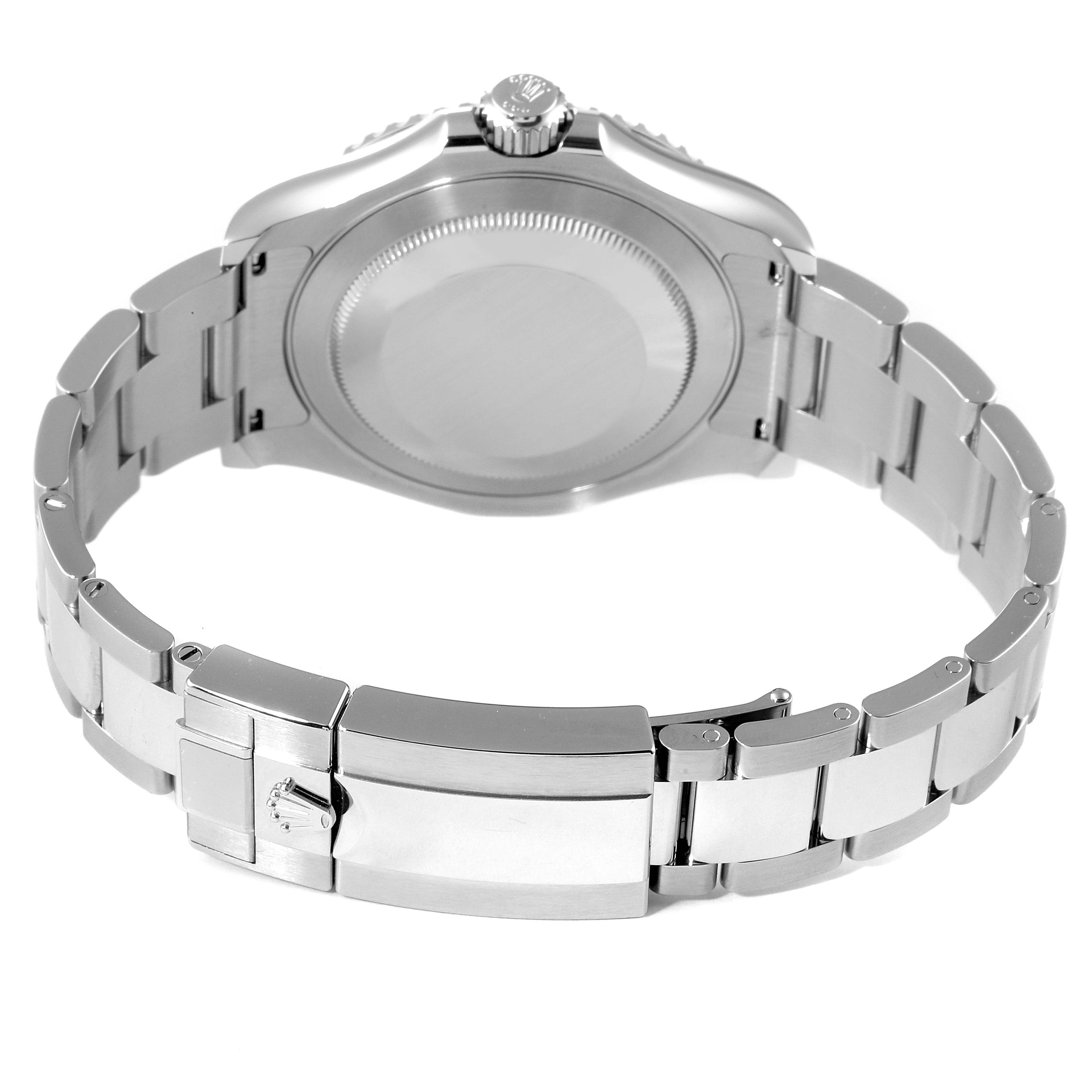 The image shows the rear case and bracelet of the Rolex Yacht-Master 126622 Men's Stainless Steel Blue Dial 126622 Men's Stainless Steel Blue Dial watch in a partially closed position.