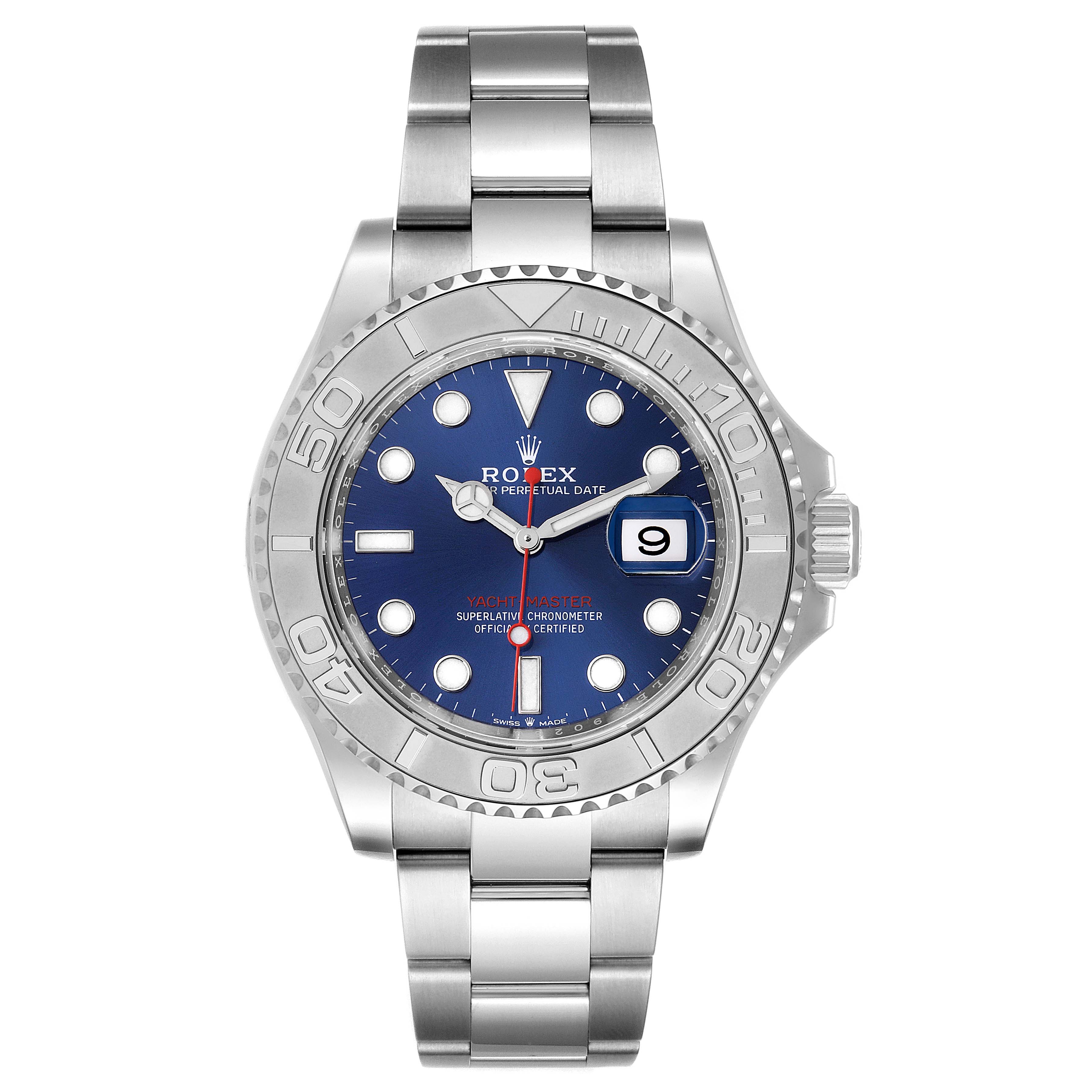 The Rolex Yacht-Master 126622 Men's Stainless Steel Blue Dial 126622 Men's Stainless Steel Blue Dial watch is shown from a front angle, highlighting the dial, bezel, and bracelet.