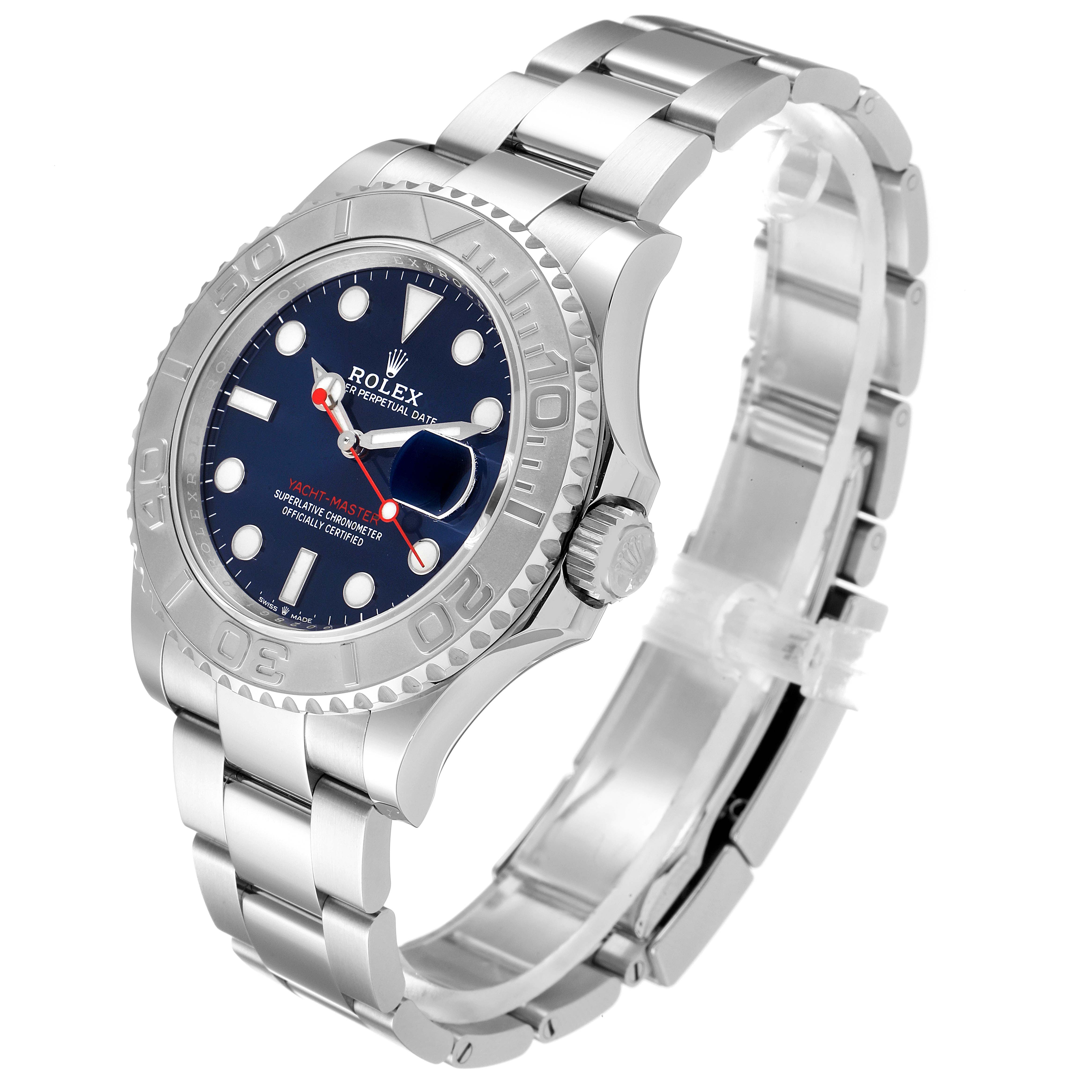 This image shows the front and right side of the Rolex Yacht-Master 126622 Men's Stainless Steel Blue Dial 126622 Men's Stainless Steel Blue Dial watch, highlighting its dial, bezel, crown, and bracelet.