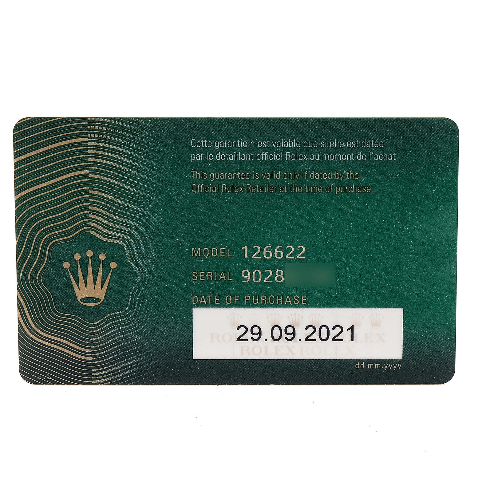 This image shows a Rolex guarantee card for the Yacht-Master model 126622, including the serial number and date of purchase.