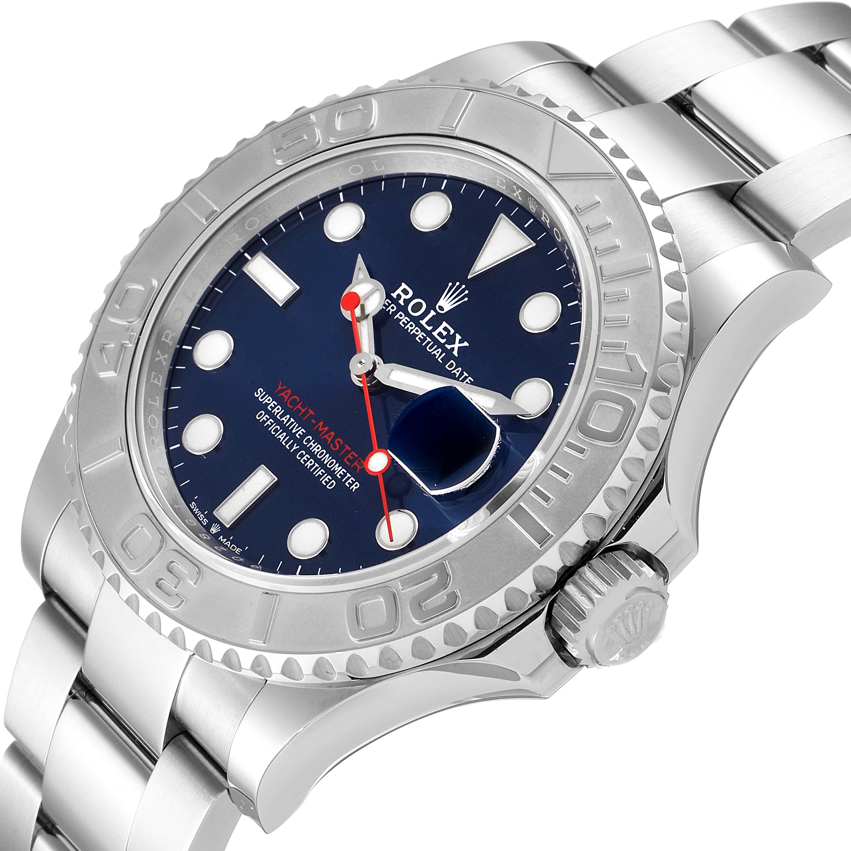 This image shows a close-up, angled view of the Rolex Yacht-Master 126622 Men's Stainless Steel Blue Dial 126622 Men's Stainless Steel Blue Dial watch, displaying its case, dial, bezel, and bracelet.