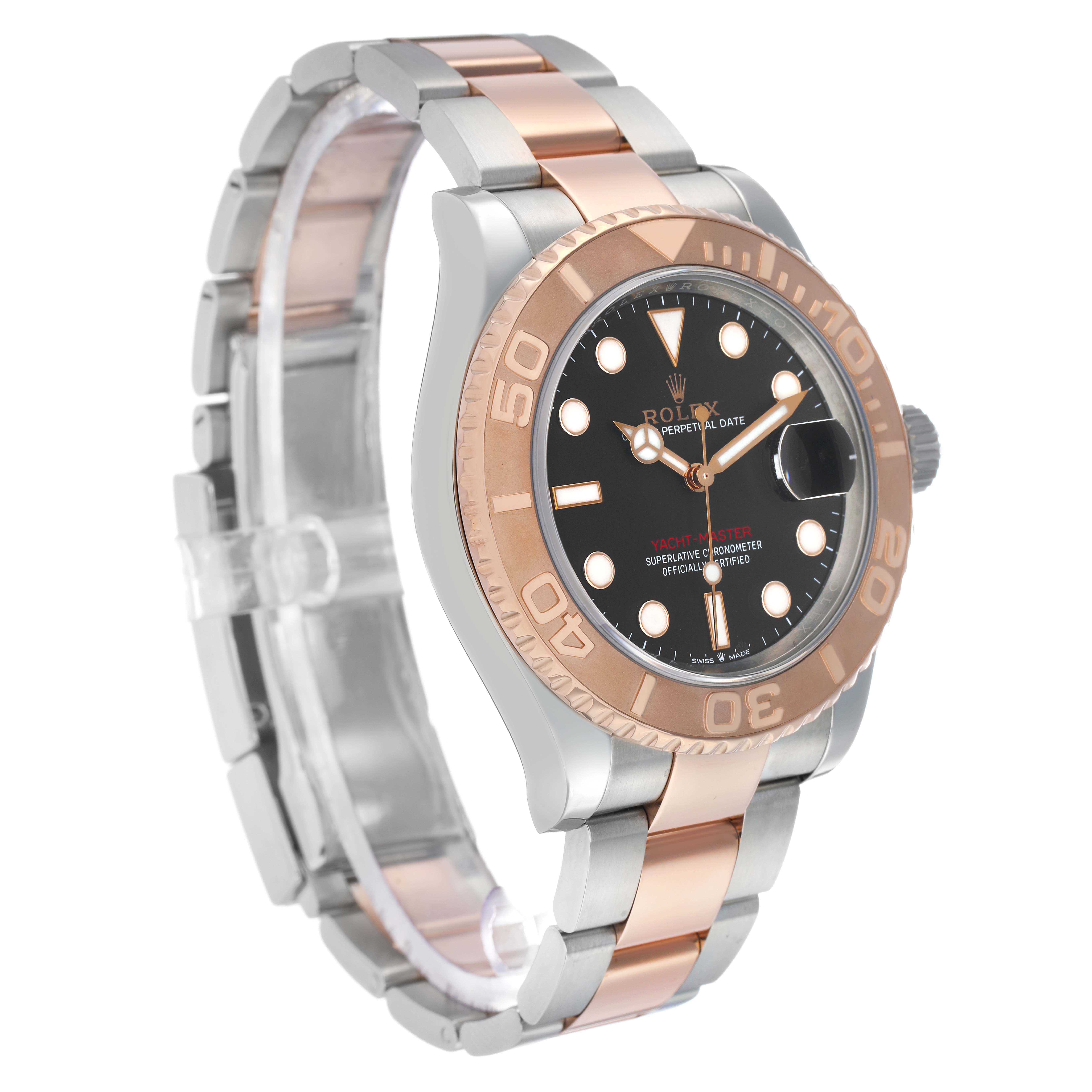 The Rolex Yacht-Master 126621 Men's Steel and Gold (two tone) Black Dial is shown at an angle highlighting the dial, bezel, and bracelet.
