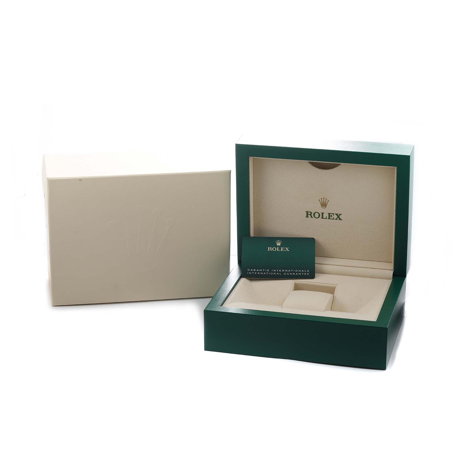 The image shows a Rolex Yacht-Master 126621 Men's Steel and Gold (two tone) Black Dial watch's box and warranty card, viewed from the front.