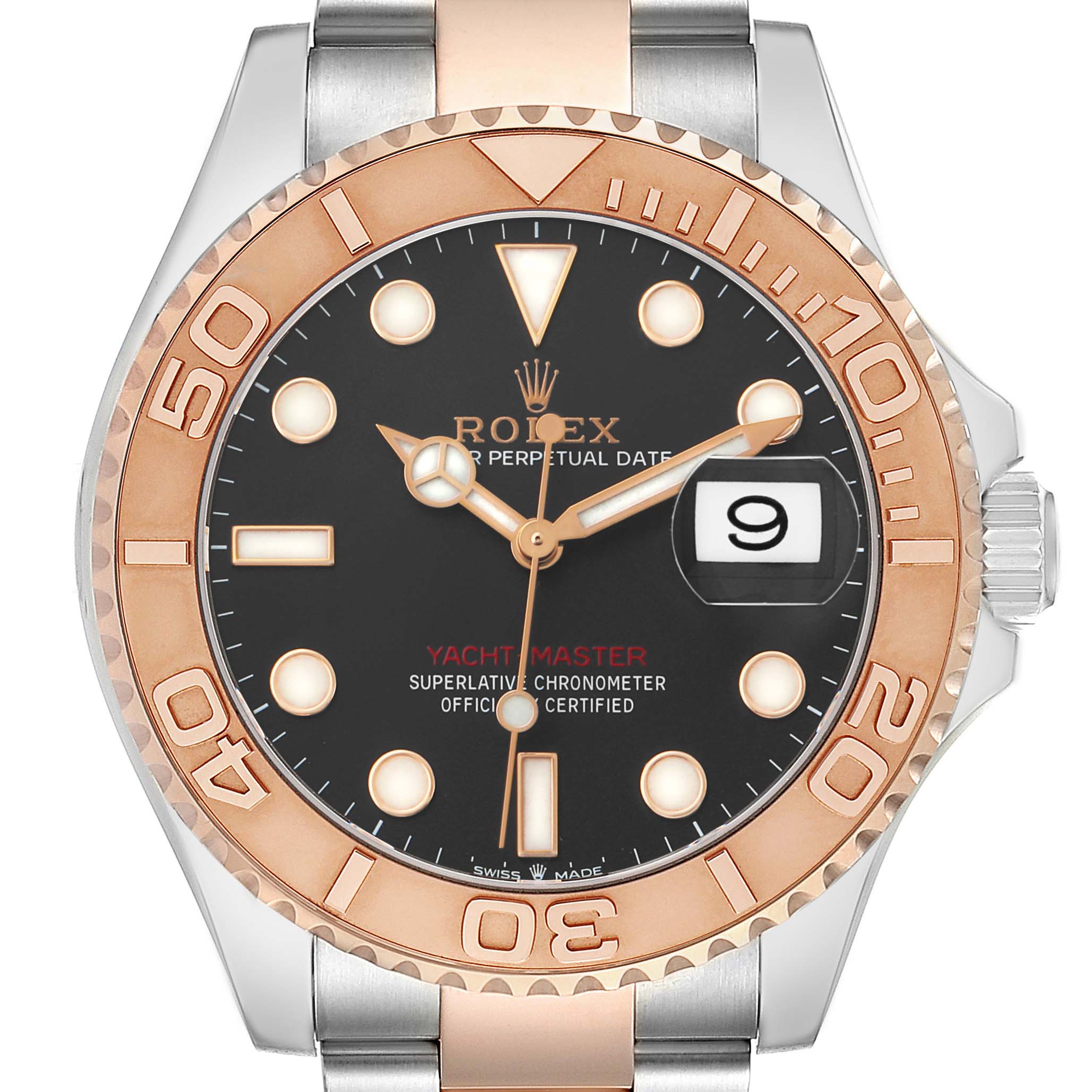 The image shows a front view of a Rolex Yacht-Master 126621 Men's Steel and Gold (two tone) Black Dial watch, highlighting the dial, bezel, hands, and part of the bracelet.