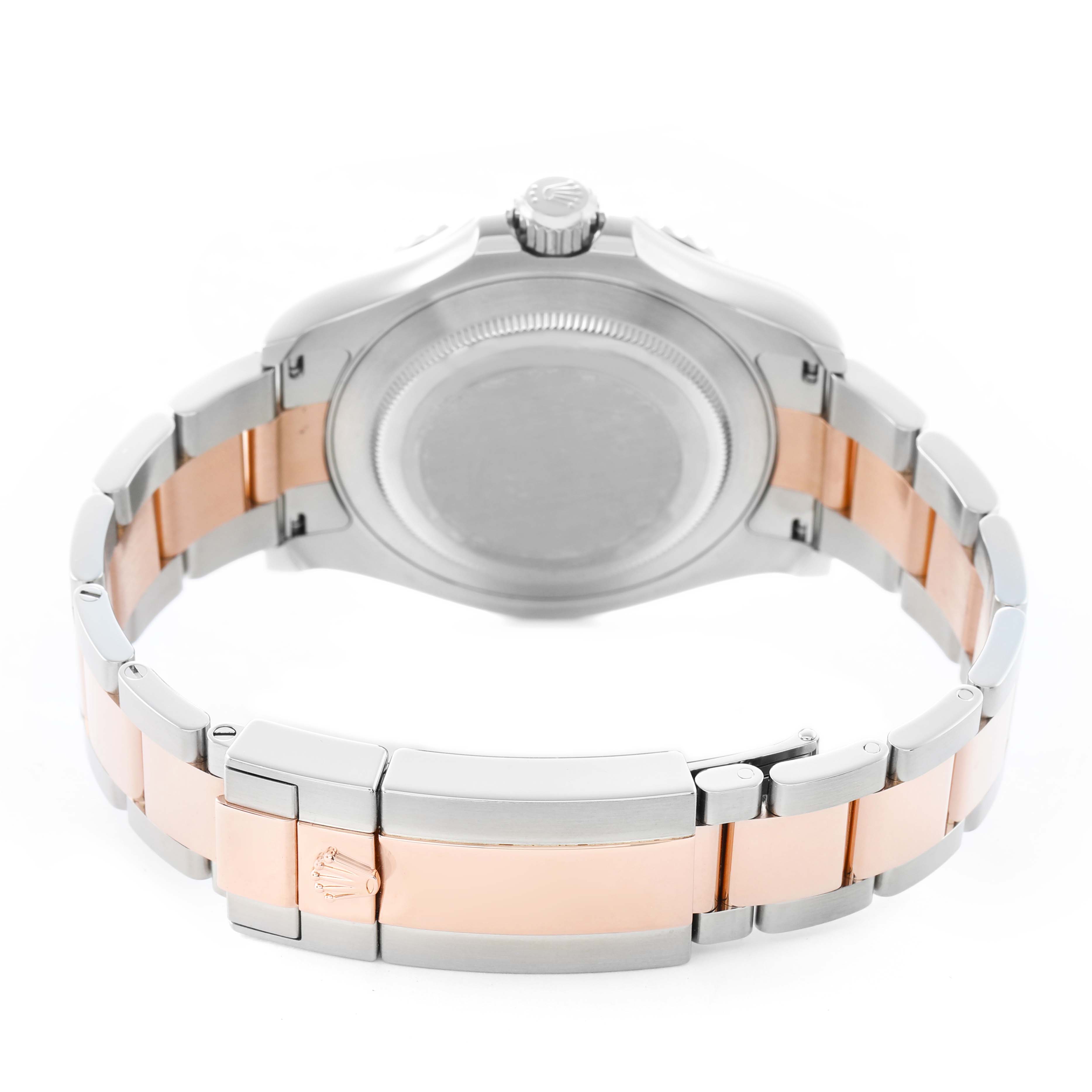 The image shows the back of the Rolex Yacht-Master 126621 Men's Steel and Gold (two tone) Black Dial watch, highlighting the clasp and bracelet from an angled rear view.