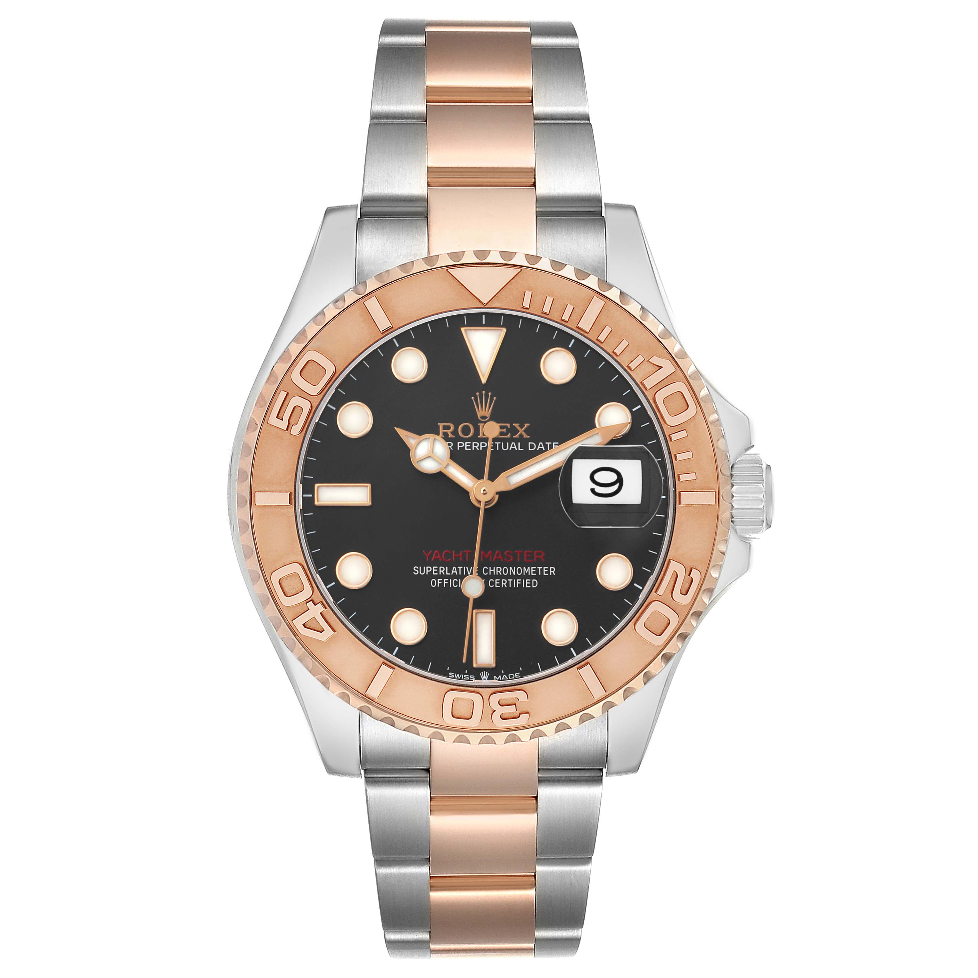 The Rolex Yacht-Master 126621 Men's Steel and Gold (two tone) Black Dial watch is shown from a front angle, displaying the bezel, dial, hands, bracelet, and date window.