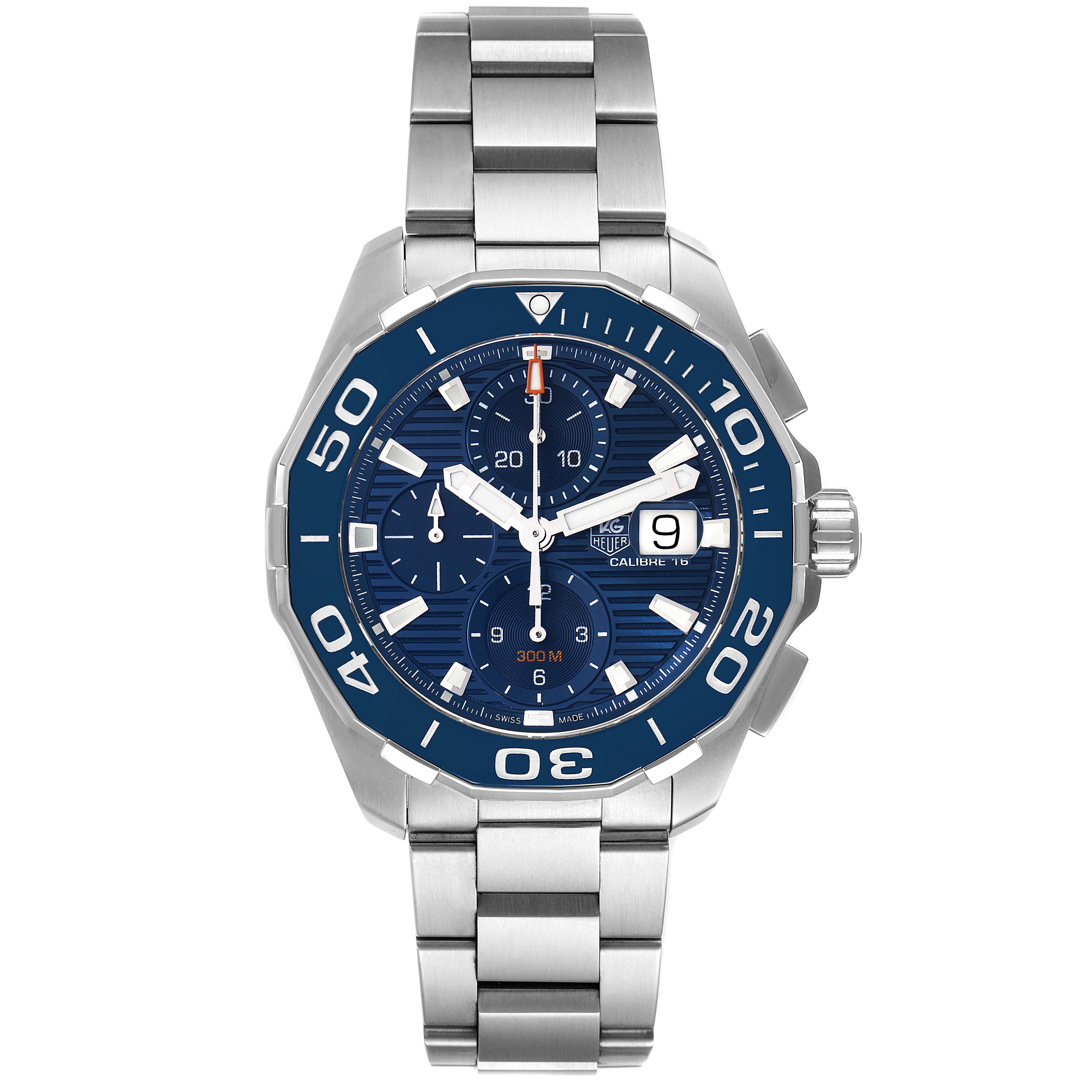 This is a front view of the Tag Heuer Aquaracer CAY211B.BA0927 Men's Stainless Steel Blue Dial CAY211B.BA0927 Men's Stainless Steel Blue Dial watch showing the dial, bezel, and stainless steel bracelet.