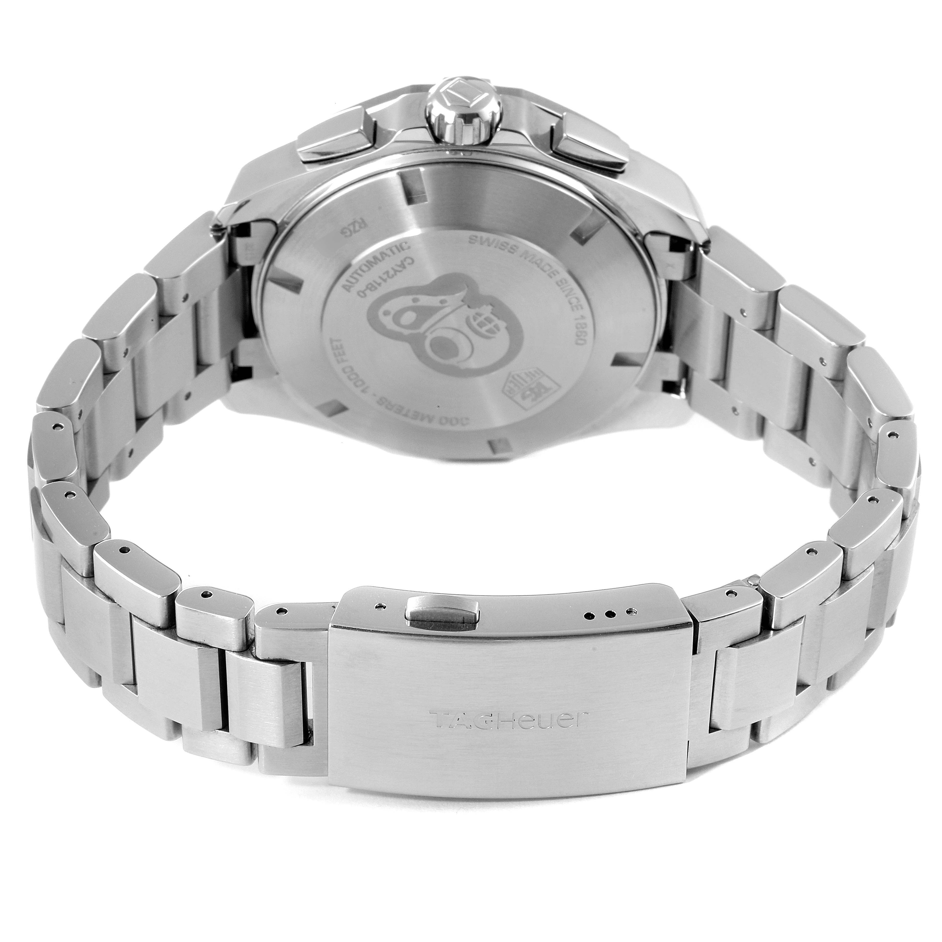 The image shows the back side of a Tag Heuer Aquaracer CAY211B.BA0927 Men's Stainless Steel Blue Dial CAY211B.BA0927 Men's Stainless Steel Blue Dial watch, highlighting its case back, crown, and stainless steel bracelet with a clasp.