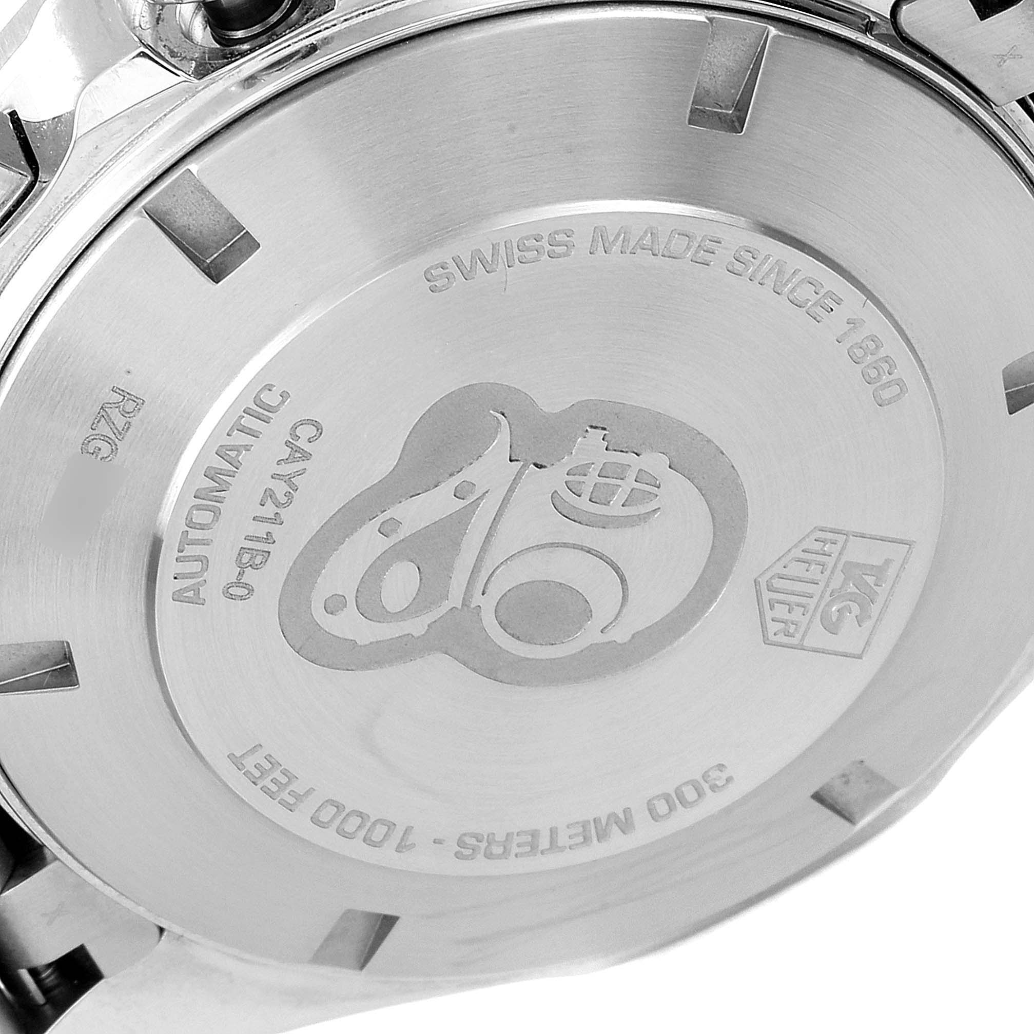 The image shows the back case of a Tag Heuer Aquaracer CAY211B.BA0927 Men's Stainless Steel Blue Dial CAY211B.BA0927 Men's Stainless Steel Blue Dial watch, displaying its engraved details and logo.