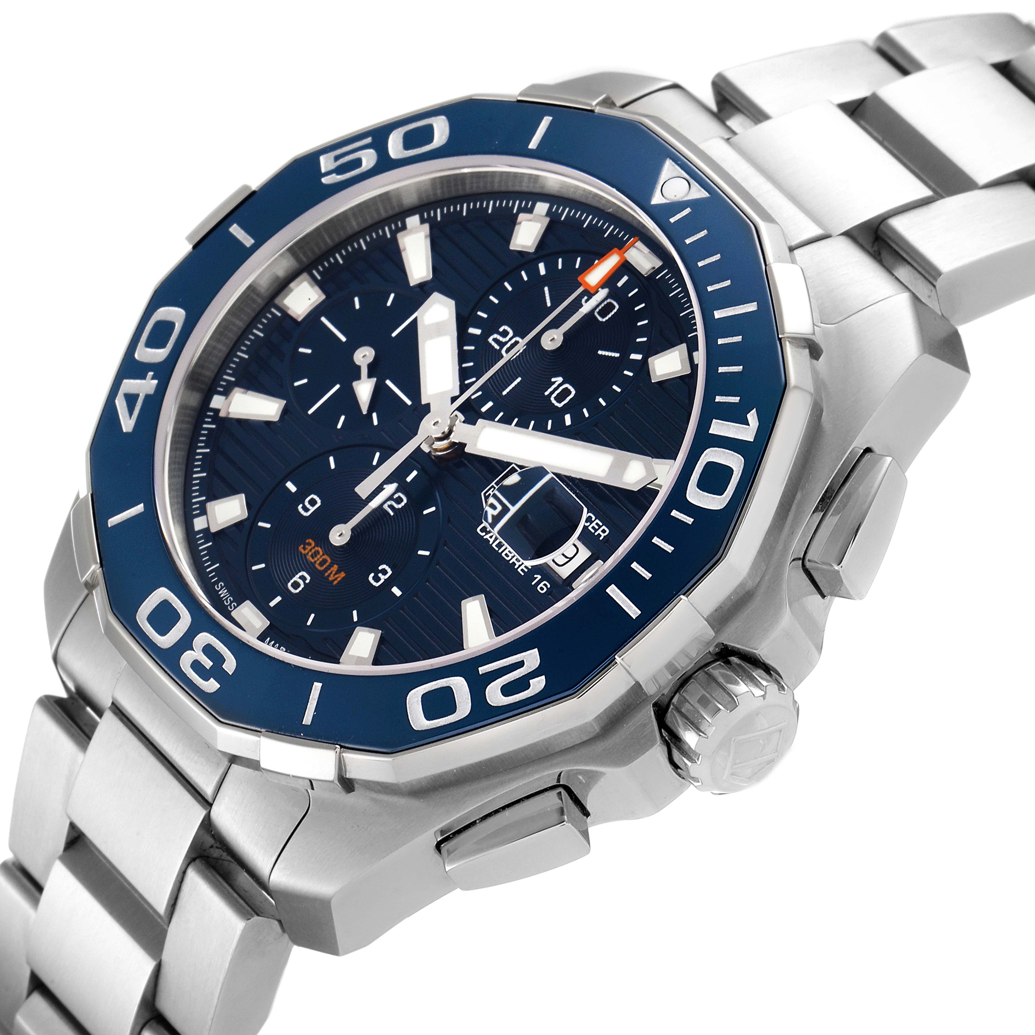 The image shows a close-up of the face, bezel, and bracelet of the Tag Heuer Aquaracer CAY211B.BA0927 Men's Stainless Steel Blue Dial CAY211B.BA0927 Men's Stainless Steel Blue Dial watch at a slight angle.