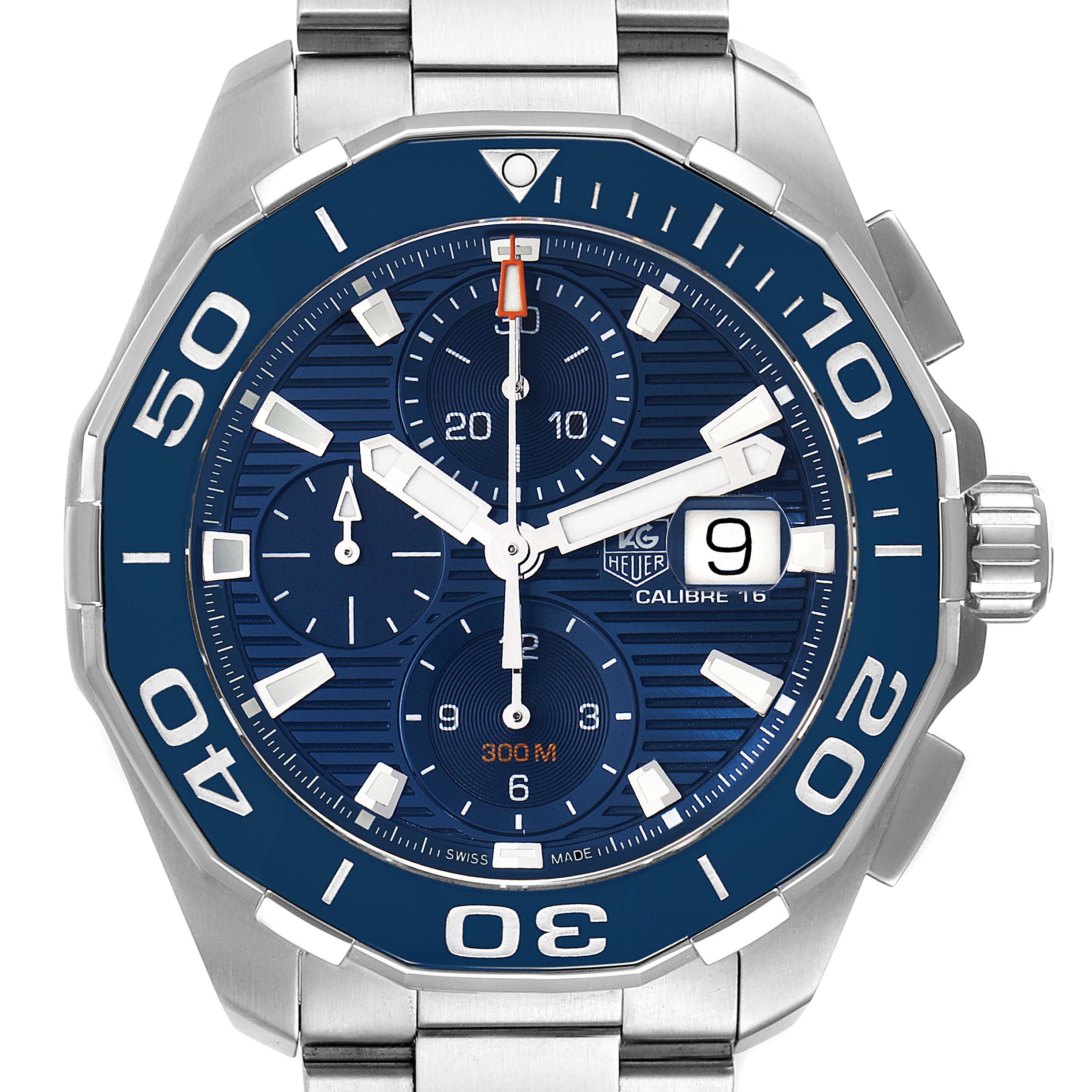 This image shows a front view of the Tag Heuer Aquaracer CAY211B.BA0927 Men's Stainless Steel Blue Dial CAY211B.BA0927 Men's Stainless Steel Blue Dial watch, highlighting the dial, bezel, and bracelet.