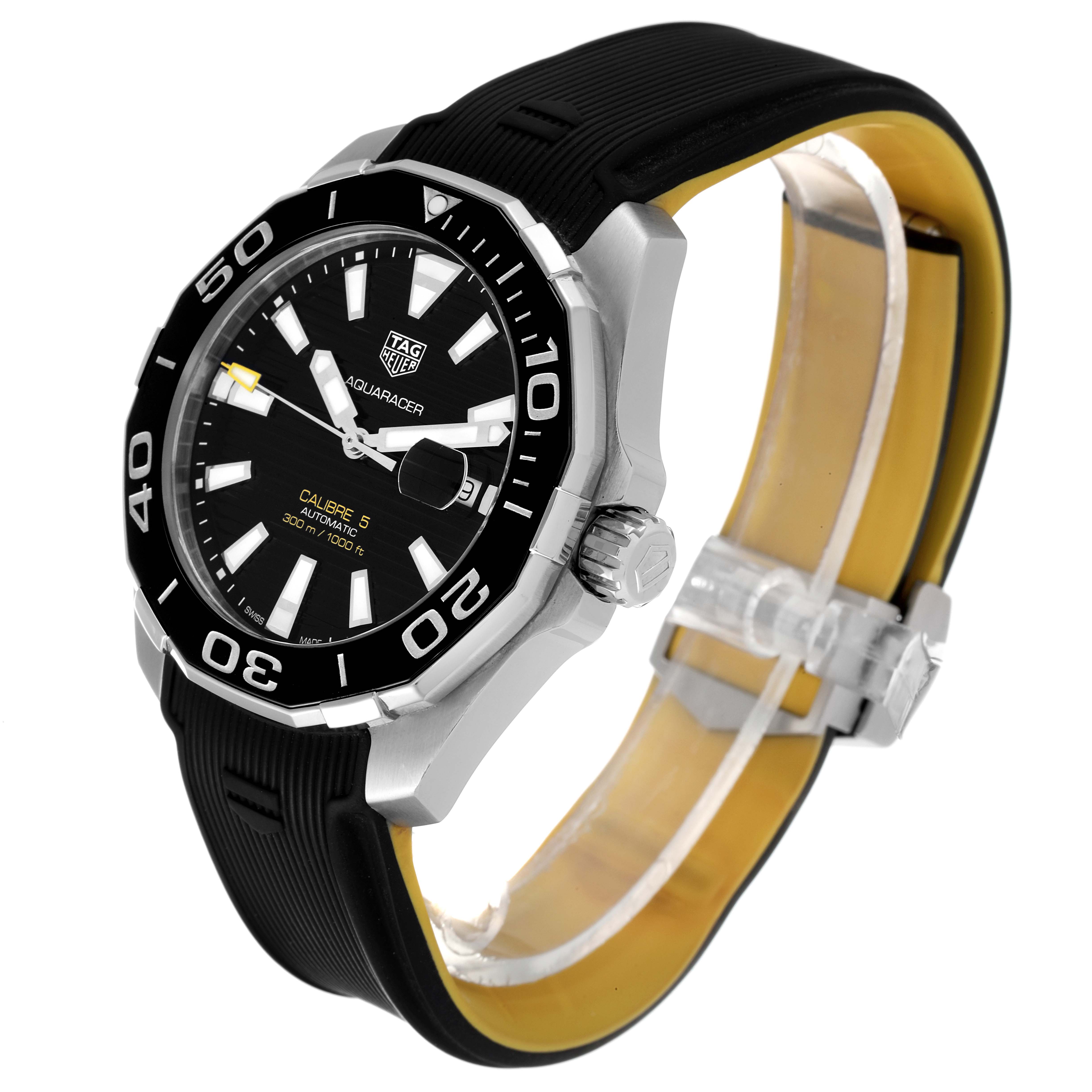 The image shows a Tag Heuer Aquaracer WAY201A.BA0927 Men's Stainless Steel Black Dial WAY201A.BA0927 Men's Stainless Steel Black Dial watch at an angle, highlighting its dial, bezel, crown, and bracelet.
