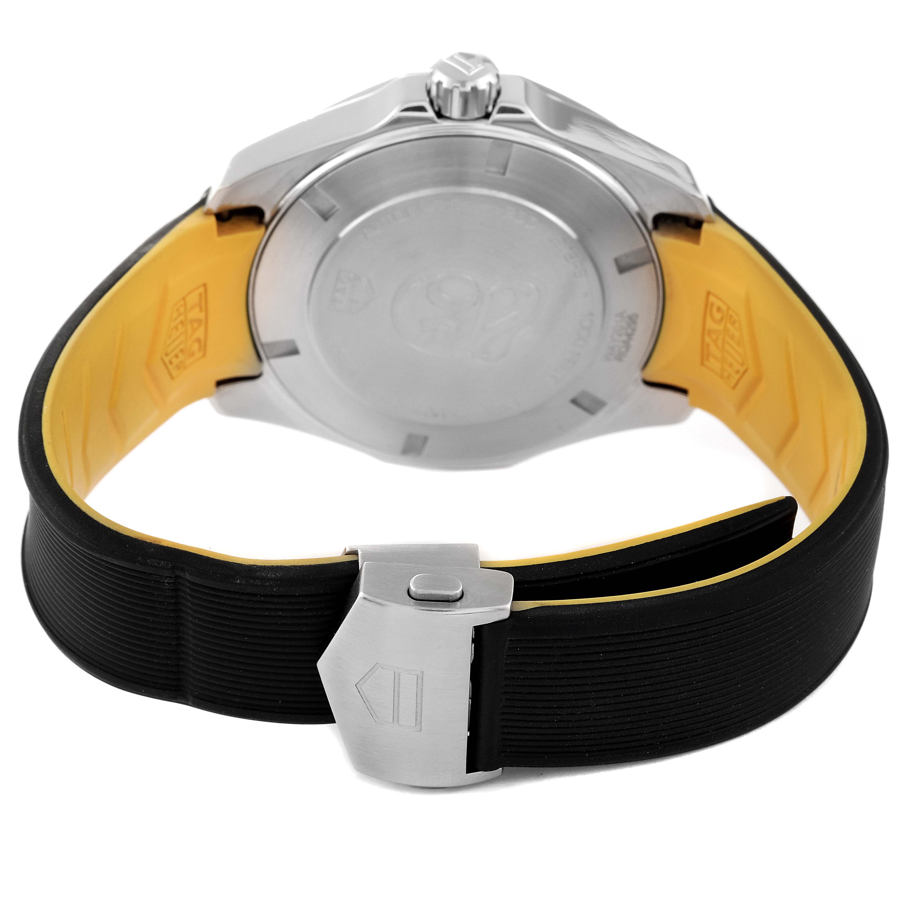 This image shows the back of a Tag Heuer Aquaracer WAY201A.BA0927 Men's Stainless Steel Black Dial WAY201A.BA0927 Men's Stainless Steel Black Dial watch, highlighting its case back, crown, and black rubber strap with a clasp.