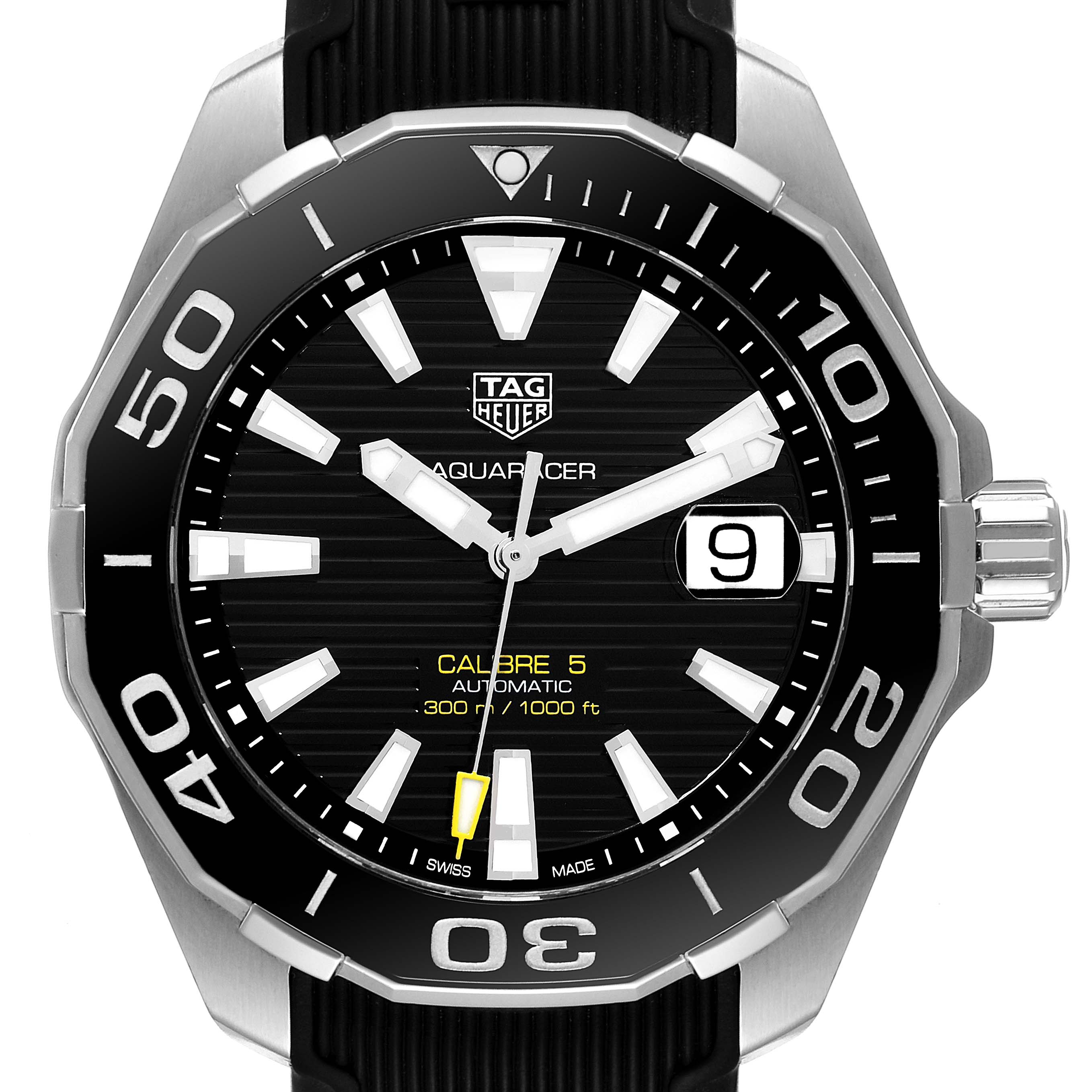 The image shows a close-up, front view of the Tag Heuer Aquaracer WAY201A.BA0927 Men's Stainless Steel Black Dial WAY201A.BA0927 Men's Stainless Steel Black Dial watch, highlighting the dial and bezel.