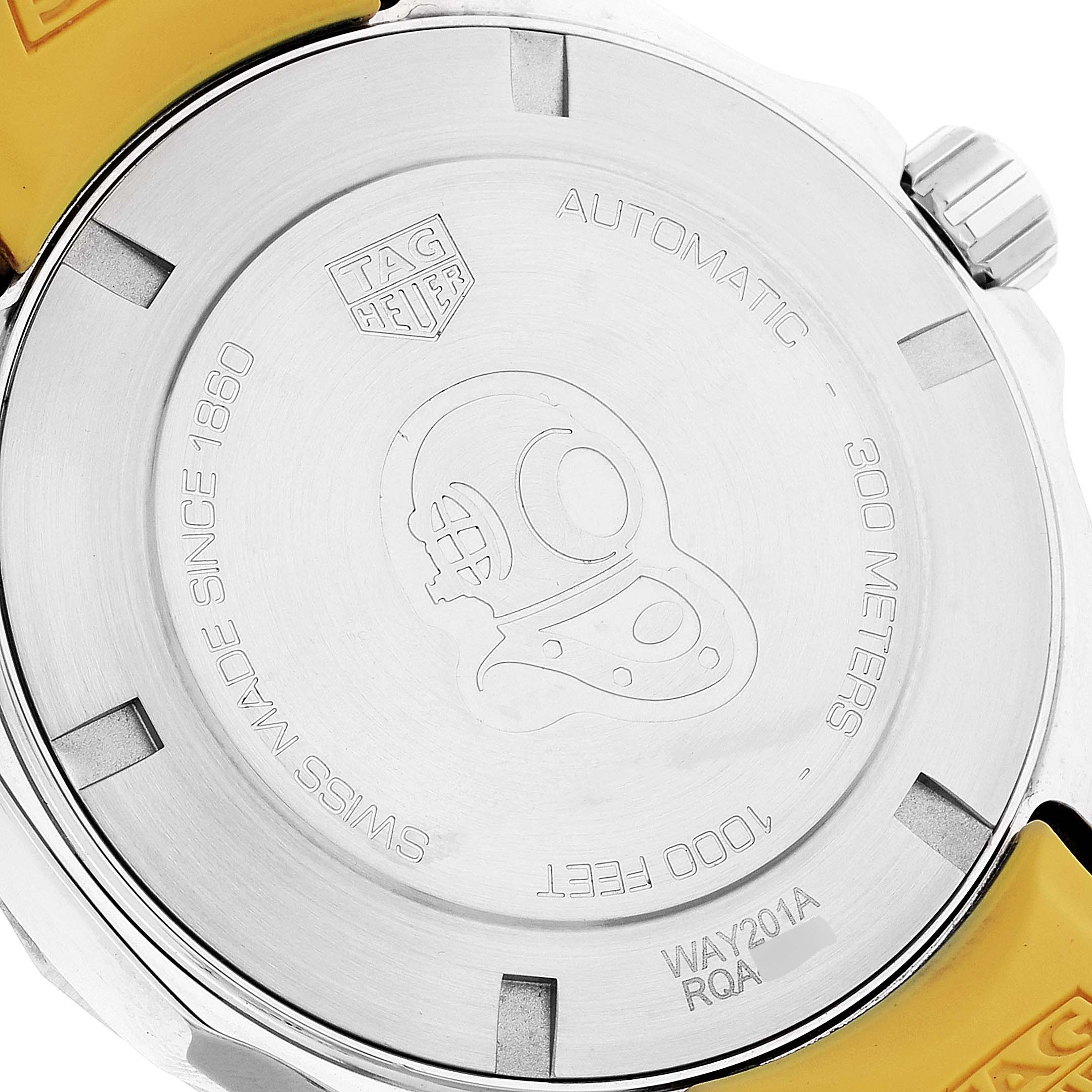 The image shows the back of a Tag Heuer Aquaracer WAY201A.BA0927 Men's Stainless Steel Black Dial WAY201A.BA0927 Men's Stainless Steel Black Dial watch, highlighting its engravings and yellow strap.