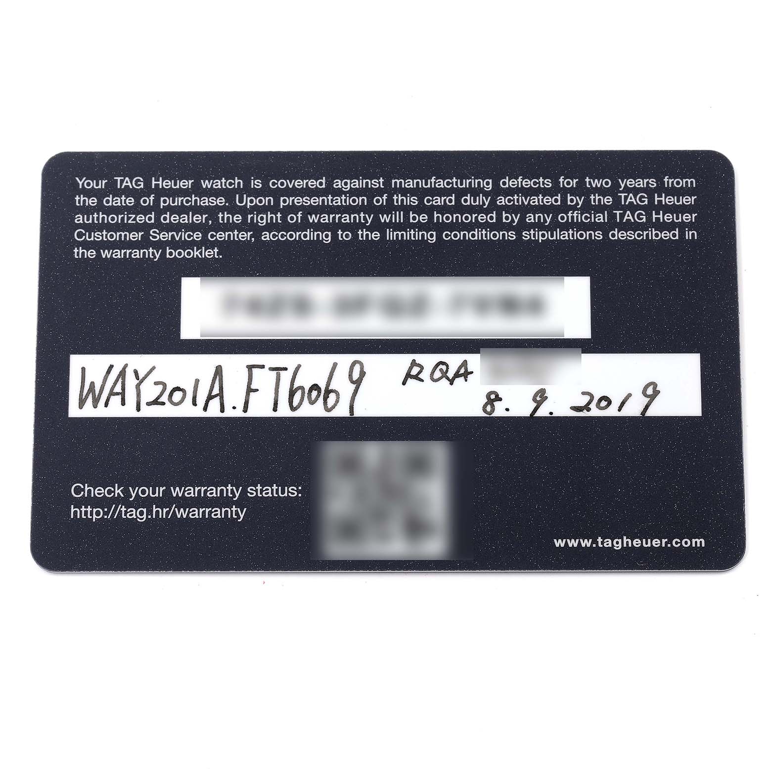 This image shows a warranty card for a Tag Heuer Aquaracer WAY201A.BA0927 Men's Stainless Steel Black Dial WAY201A.BA0927 Men's Stainless Steel Black Dial model WAY201A.FT6069.