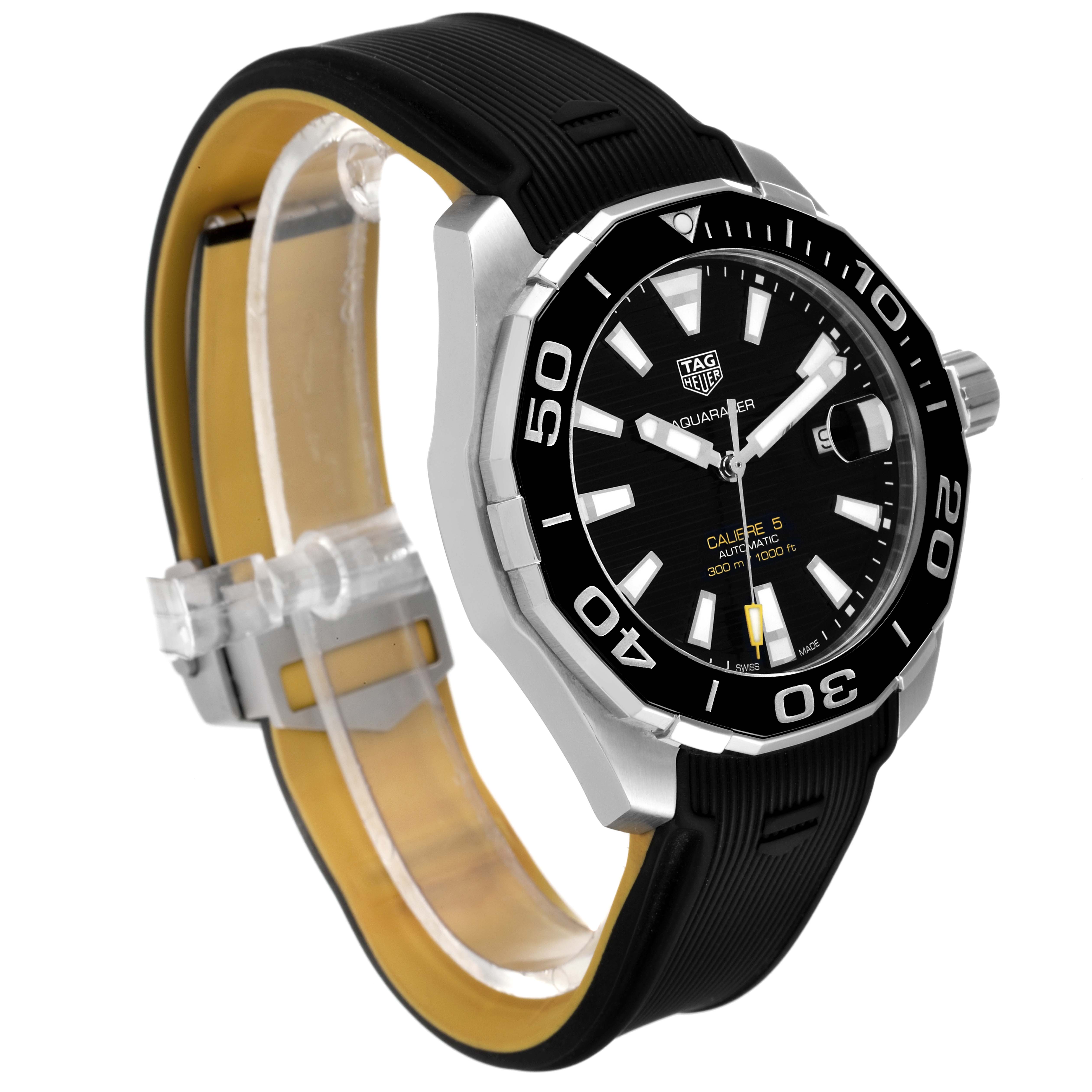 This image shows a Tag Heuer Aquaracer WAY201A.BA0927 Men's Stainless Steel Black Dial WAY201A.BA0927 Men's Stainless Steel Black Dial watch at a tilted angle, displaying the face, bezel, crown, and part of the strap.