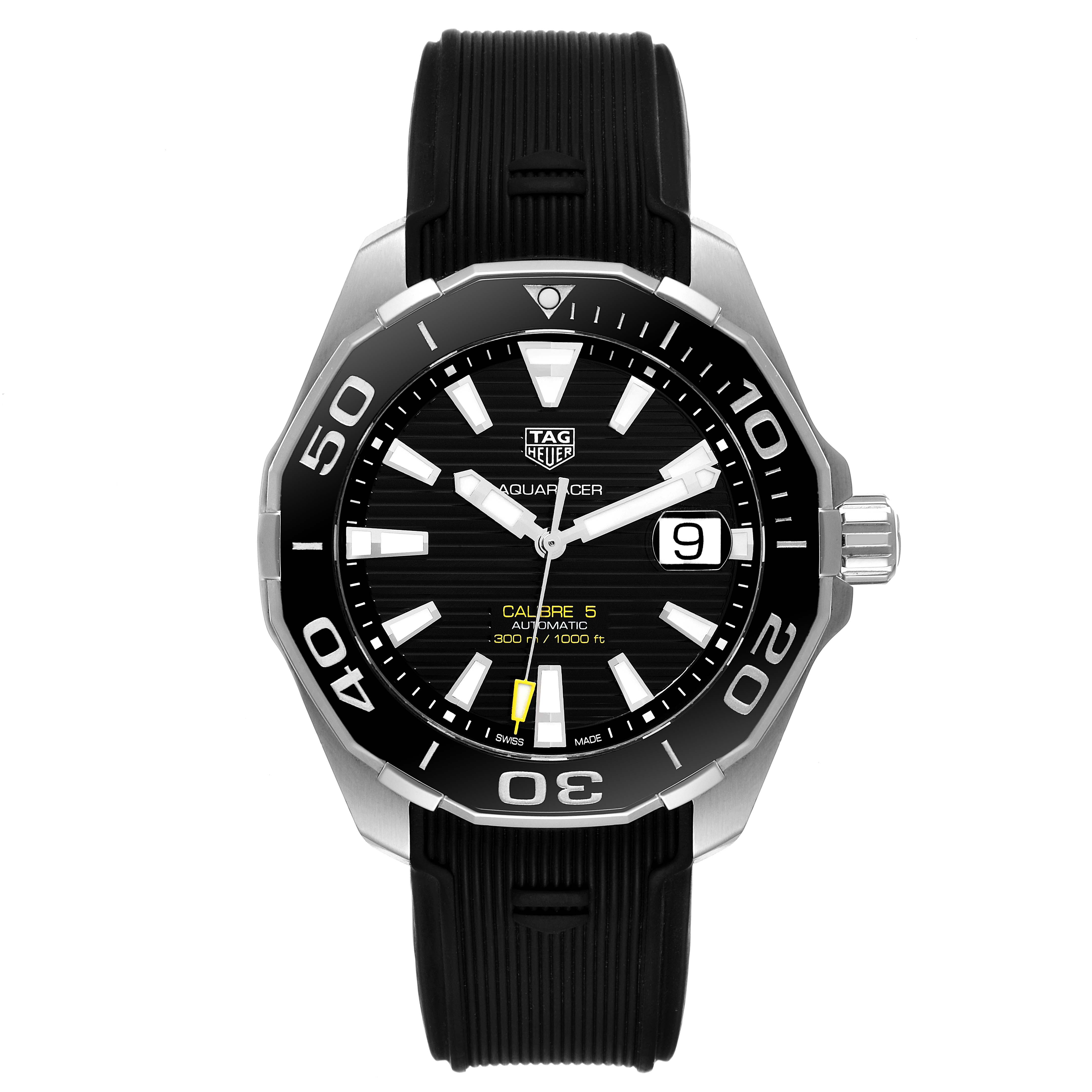 The image shows a front view of the Tag Heuer Aquaracer WAY201A.BA0927 Men's Stainless Steel Black Dial WAY201A.BA0927 Men's Stainless Steel Black Dial watch, featuring its face, bezel, crown, and strap.