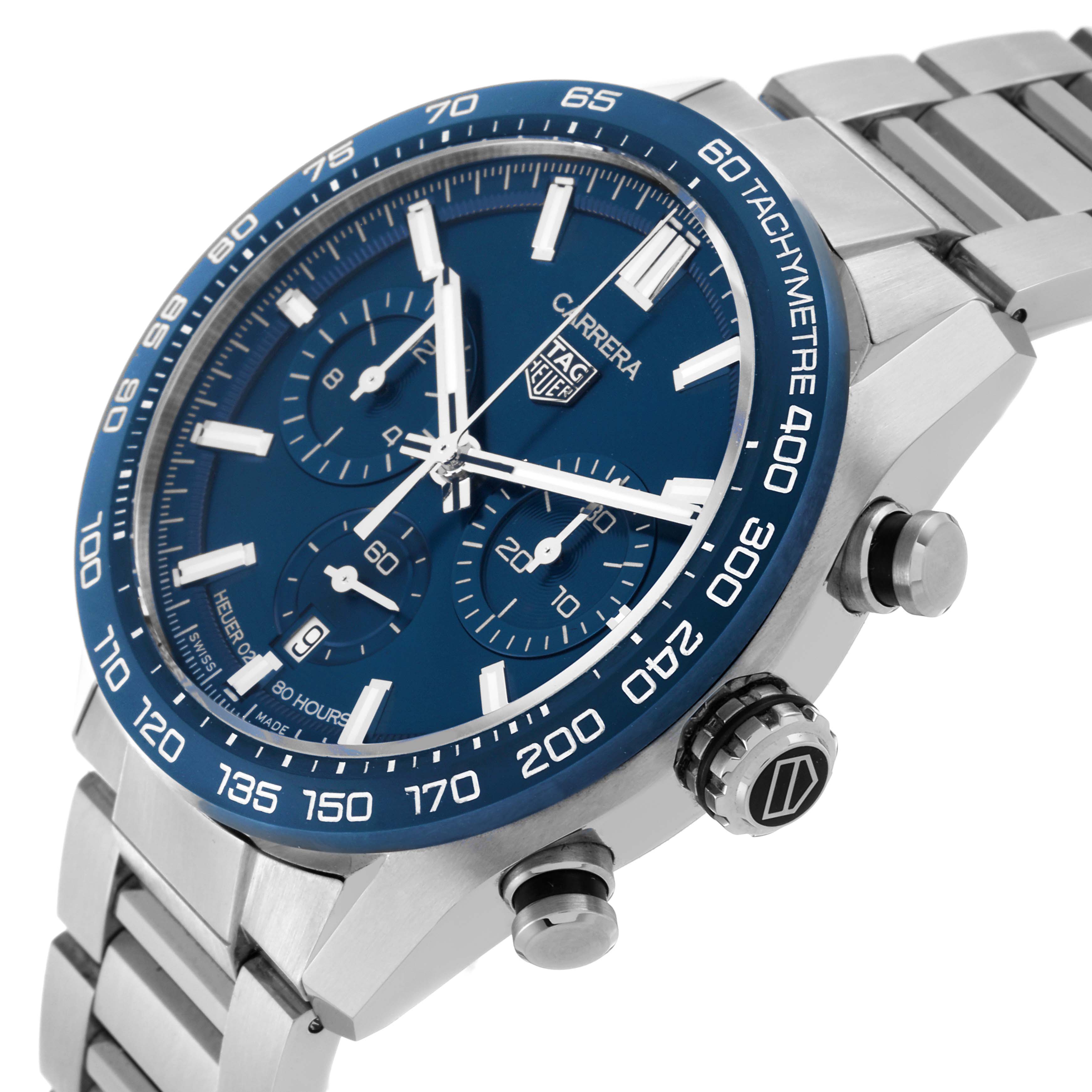 The Tag Heuer Carrera CBN2A1A Men's Stainless Steel Blue Dial CBN2A1A Men's Stainless Steel Blue Dial watch is shown from a side angle, highlighting the dial, bezel, and pushers.