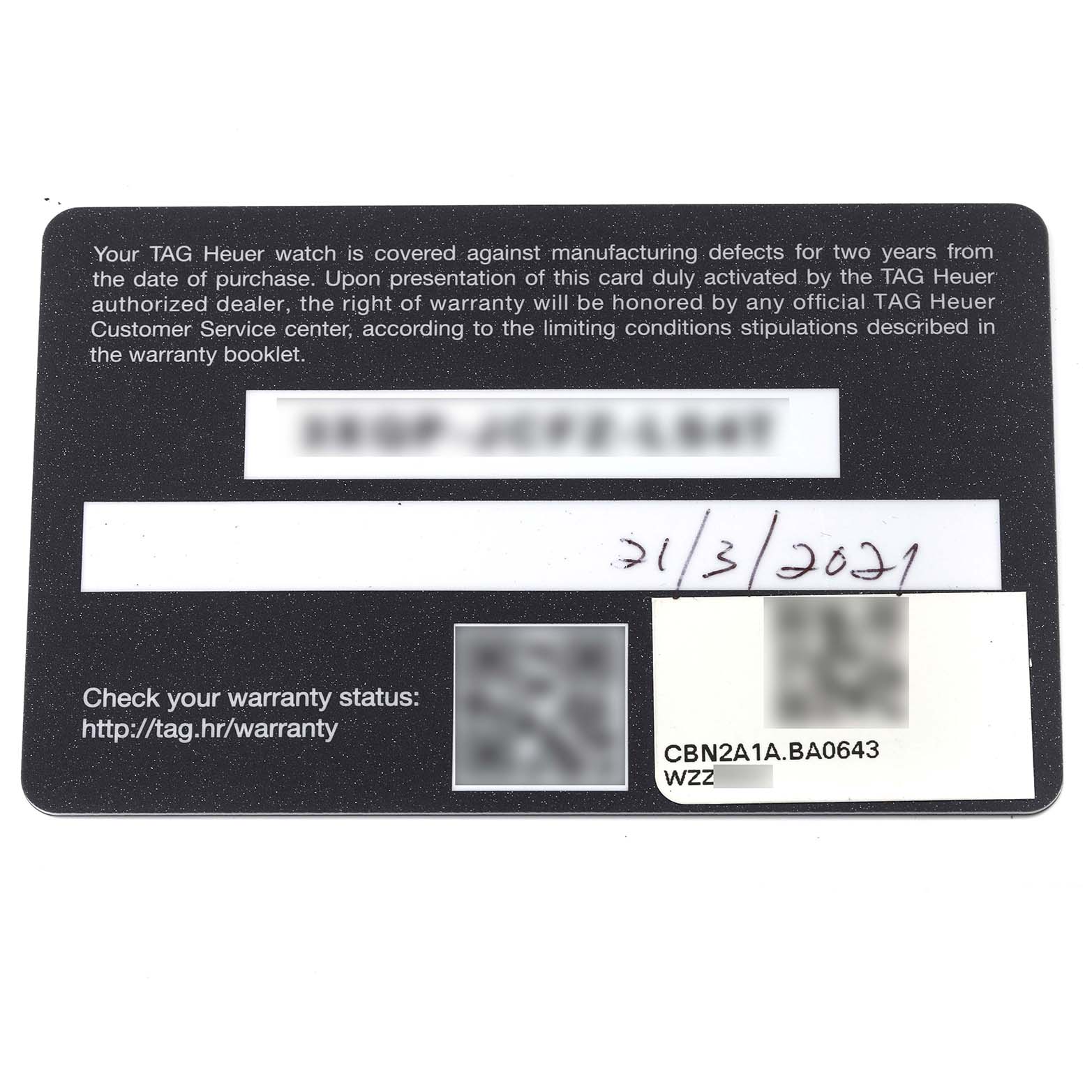 The image shows a Tag Heuer Carrera CBN2A1A Men's Stainless Steel Blue Dial CBN2A1A Men's Stainless Steel Blue Dial model warranty card from a top-down angle.