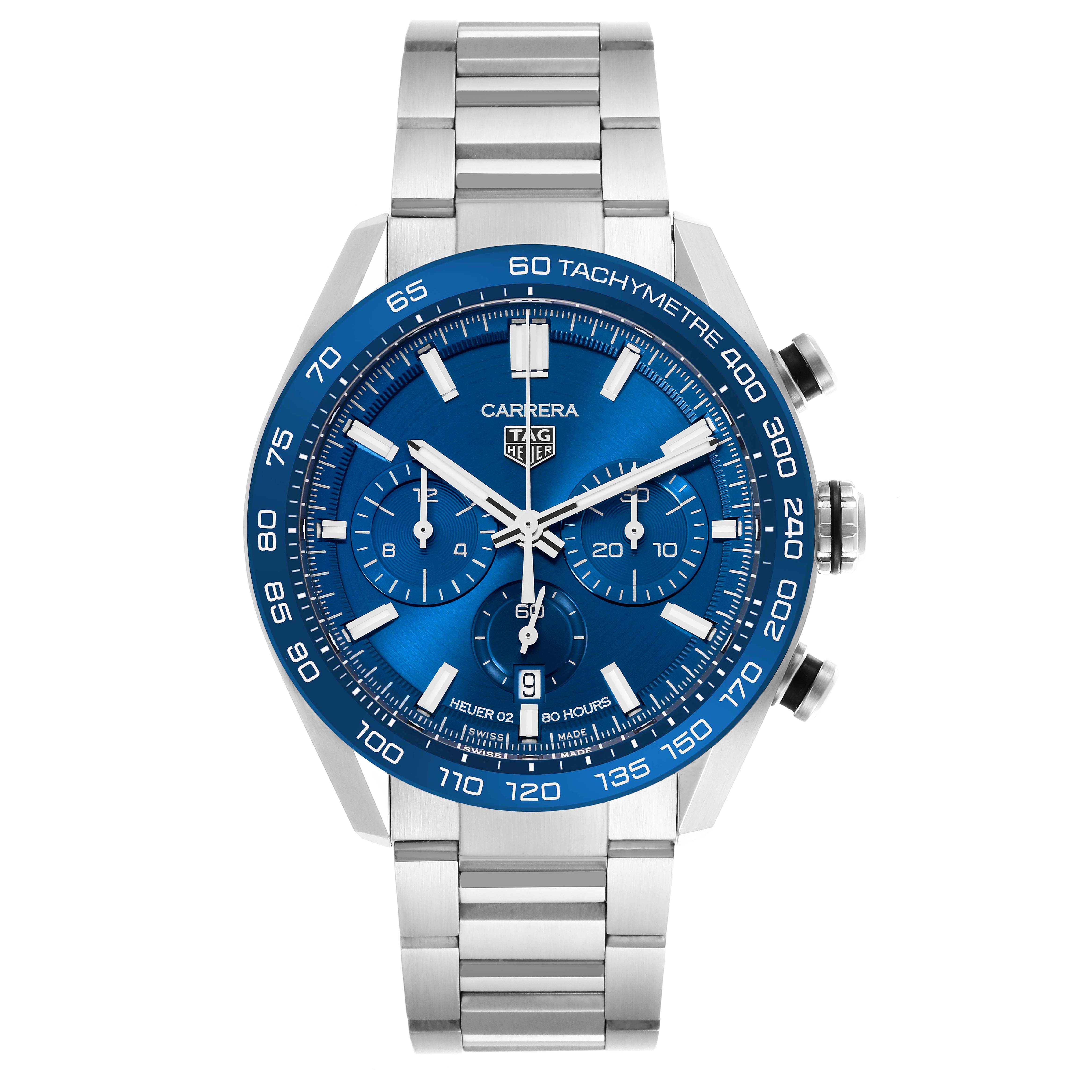 The Tag Heuer Carrera CBN2A1A Men's Stainless Steel Blue Dial CBN2A1A Men's Stainless Steel Blue Dial watch is shown from a front angle, featuring its blue dial and stainless steel bracelet.