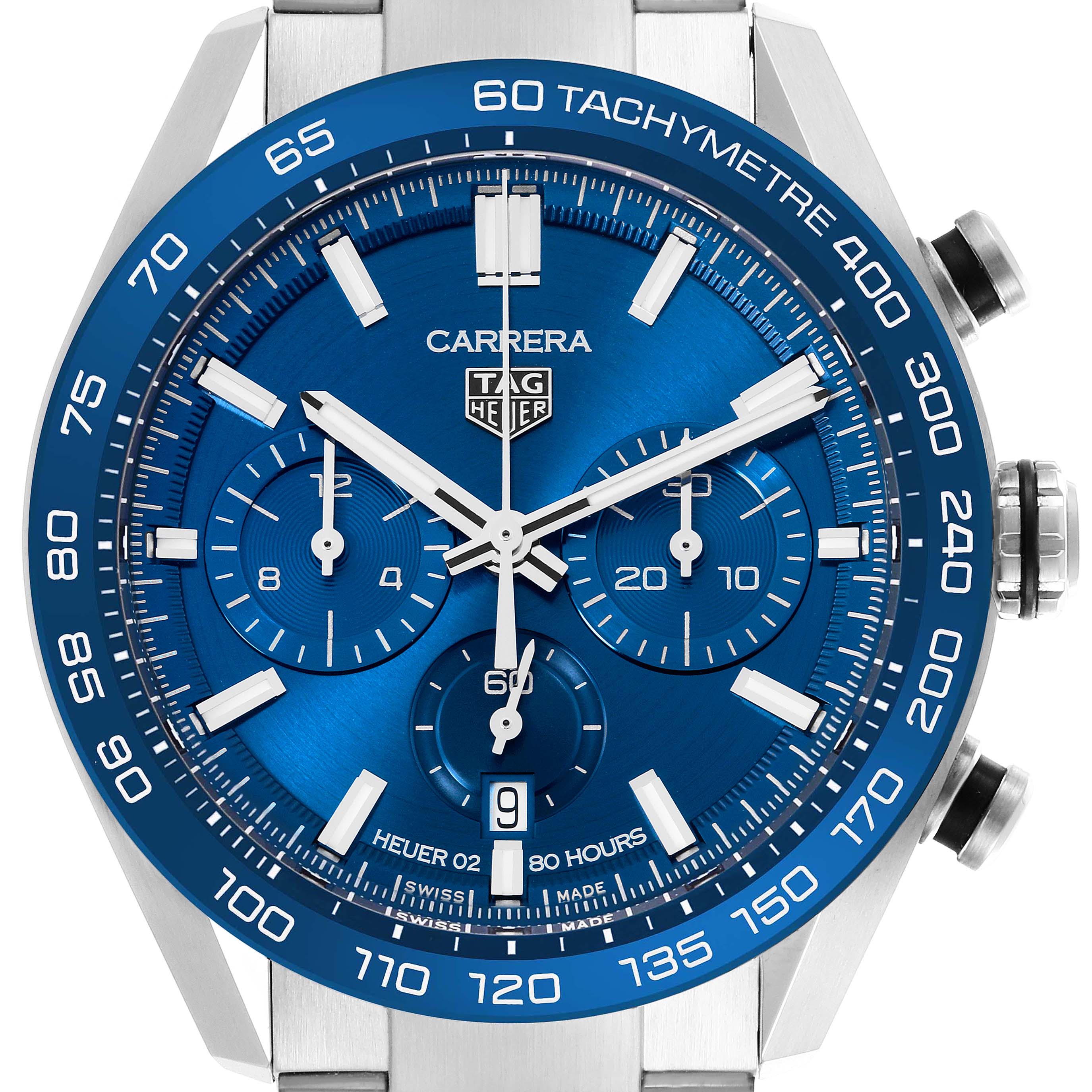 This Tag Heuer Carrera CBN2A1A Men's Stainless Steel Blue Dial CBN2A1A Men's Stainless Steel Blue Dial watch is shown from a frontal angle, displaying its blue dial, tachymeter, and chronograph subdials.