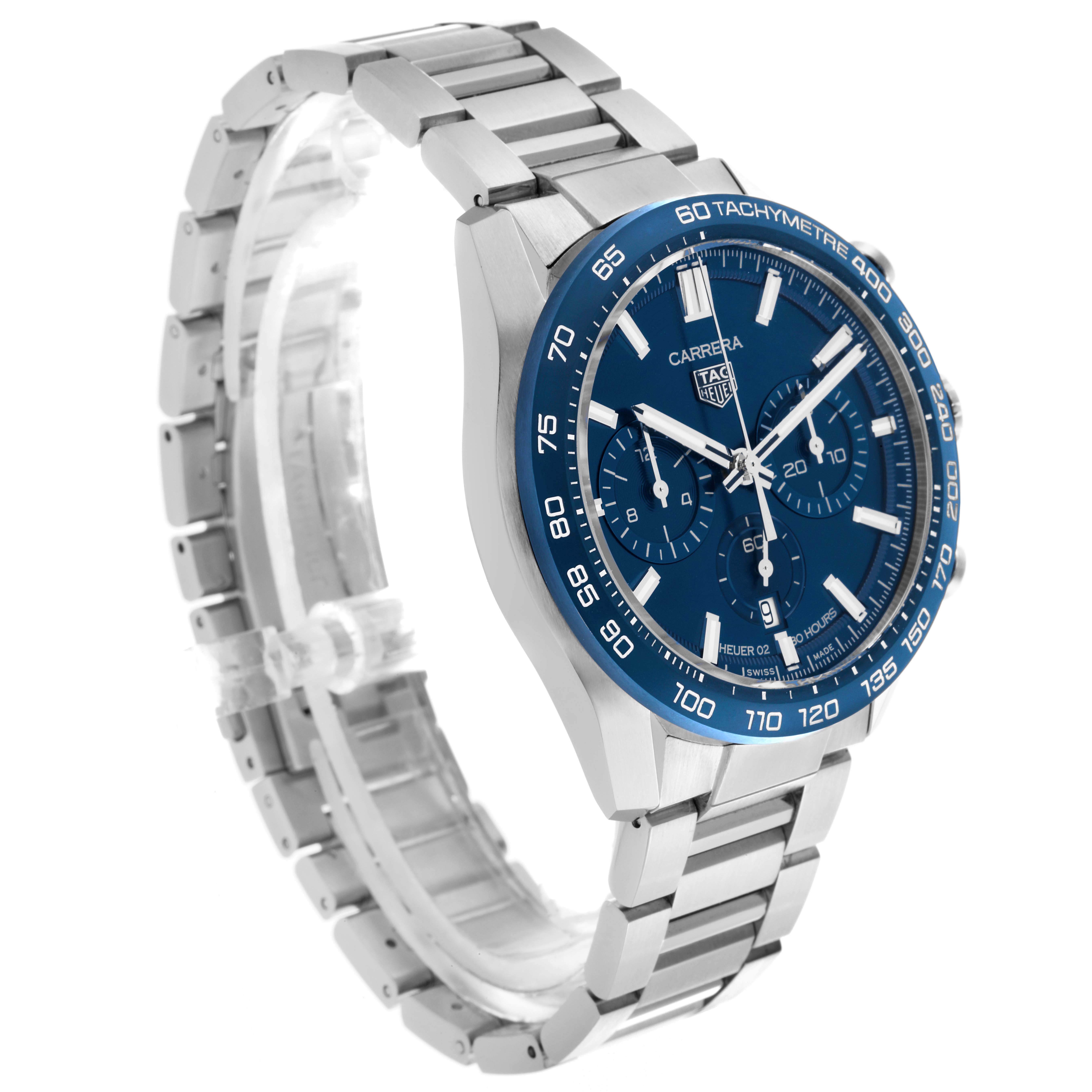 The Tag Heuer Carrera CBN2A1A Men's Stainless Steel Blue Dial CBN2A1A Men's Stainless Steel Blue Dial watch is shown at an angled view, highlighting the face, tachymeter, and metal bracelet.