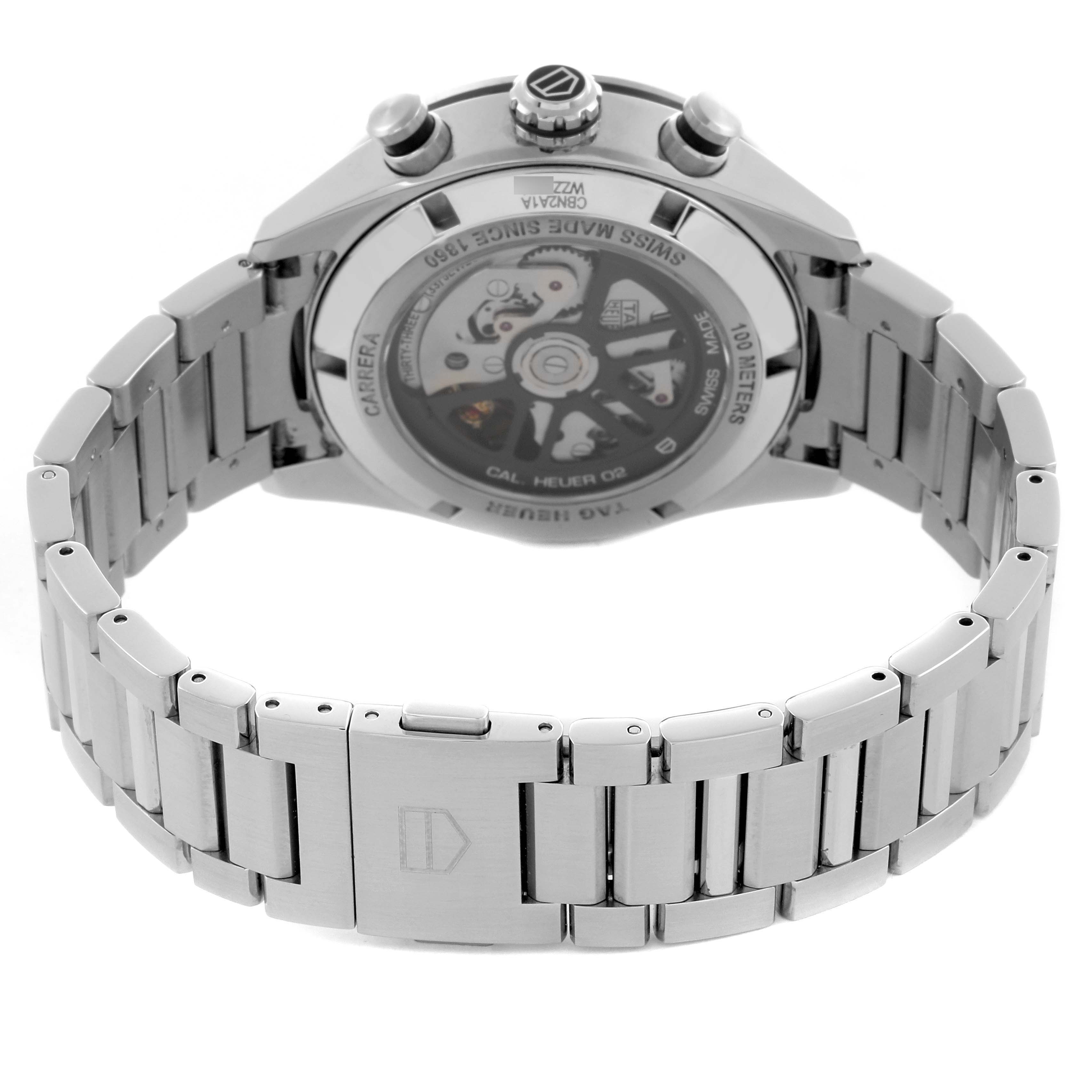 The image shows a Tag Heuer Carrera CBN2A1A Men's Stainless Steel Blue Dial CBN2A1A Men's Stainless Steel Blue Dial watch from the back, highlighting its open case back and metal bracelet.