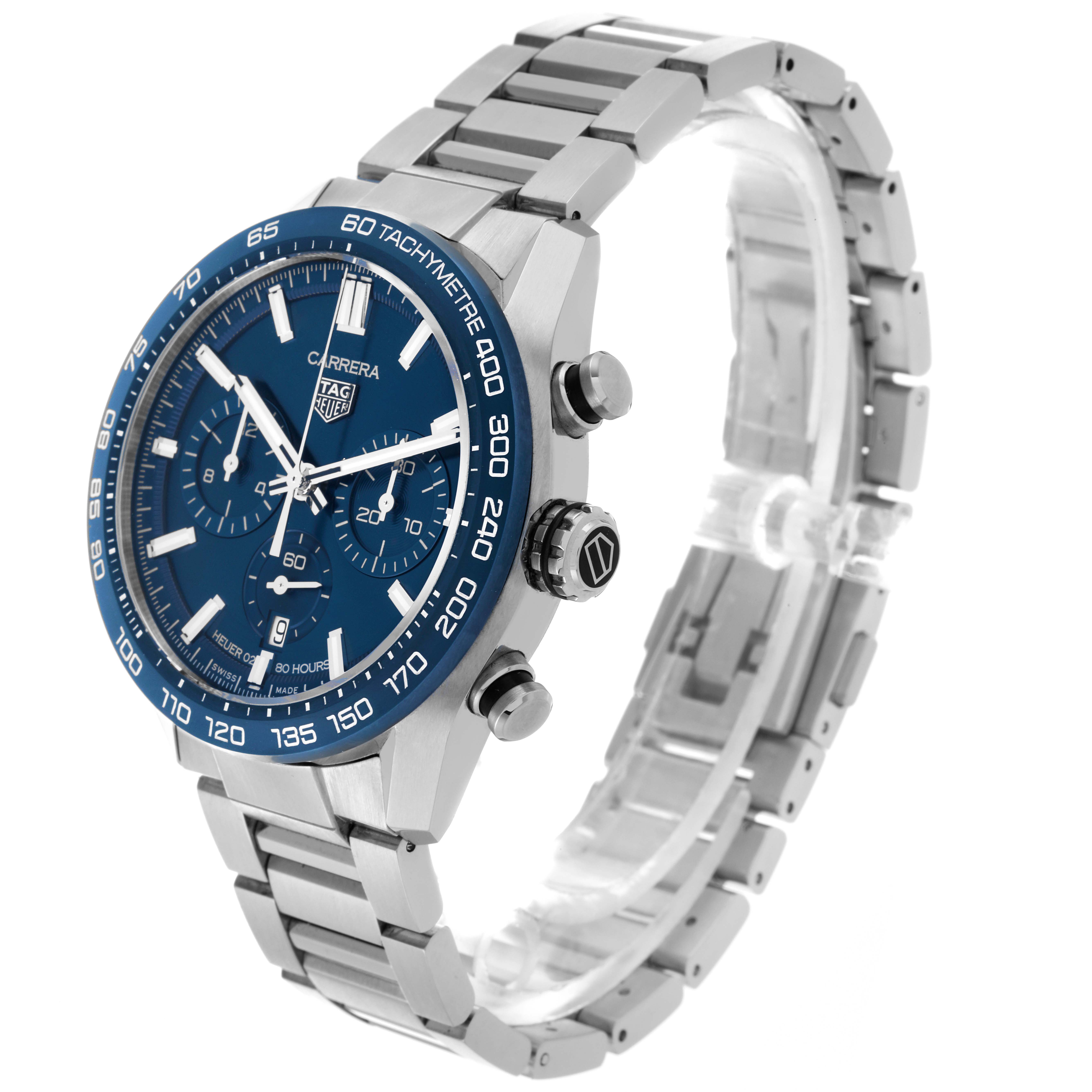 The image shows a side and front angle of a Tag Heuer Carrera CBN2A1A Men's Stainless Steel Blue Dial CBN2A1A Men's Stainless Steel Blue Dial watch with a metal bracelet and blue dial.