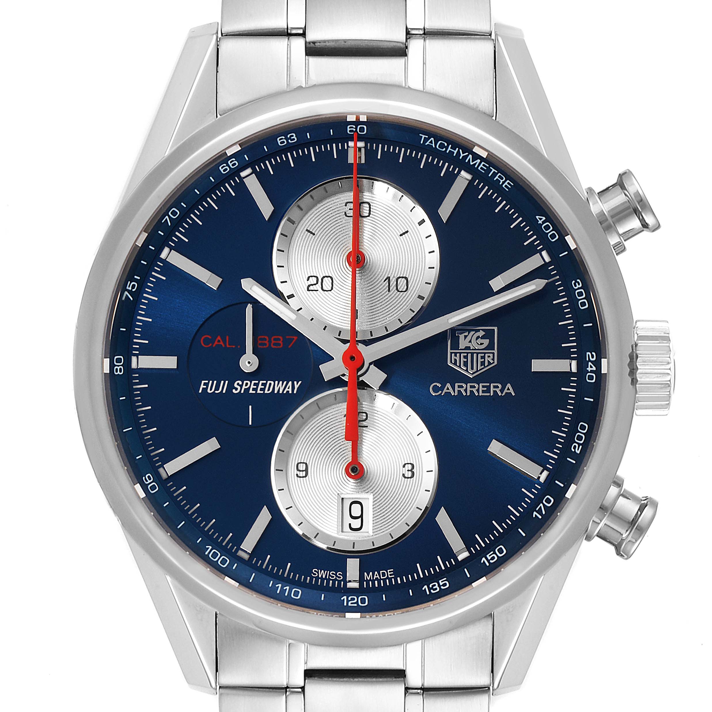 The image shows a frontal view of the Tag Heuer Carrera Fuji Speedway Limited Edition watch, highlighting its dial, case, and buttons.