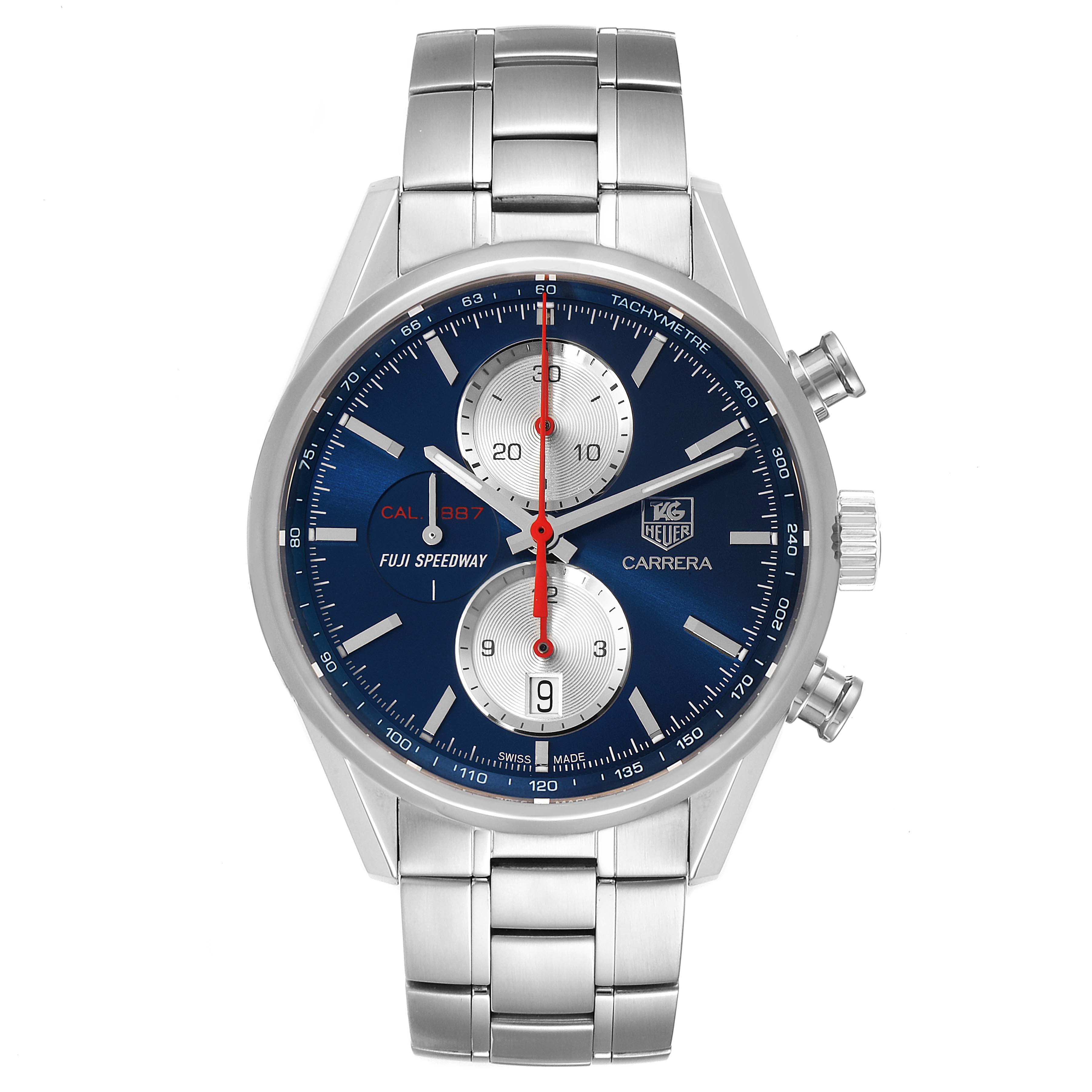 The image shows a front view of the Tag Heuer Carrera watch, highlighting its dial, hands, subdials, and metal bracelet.
