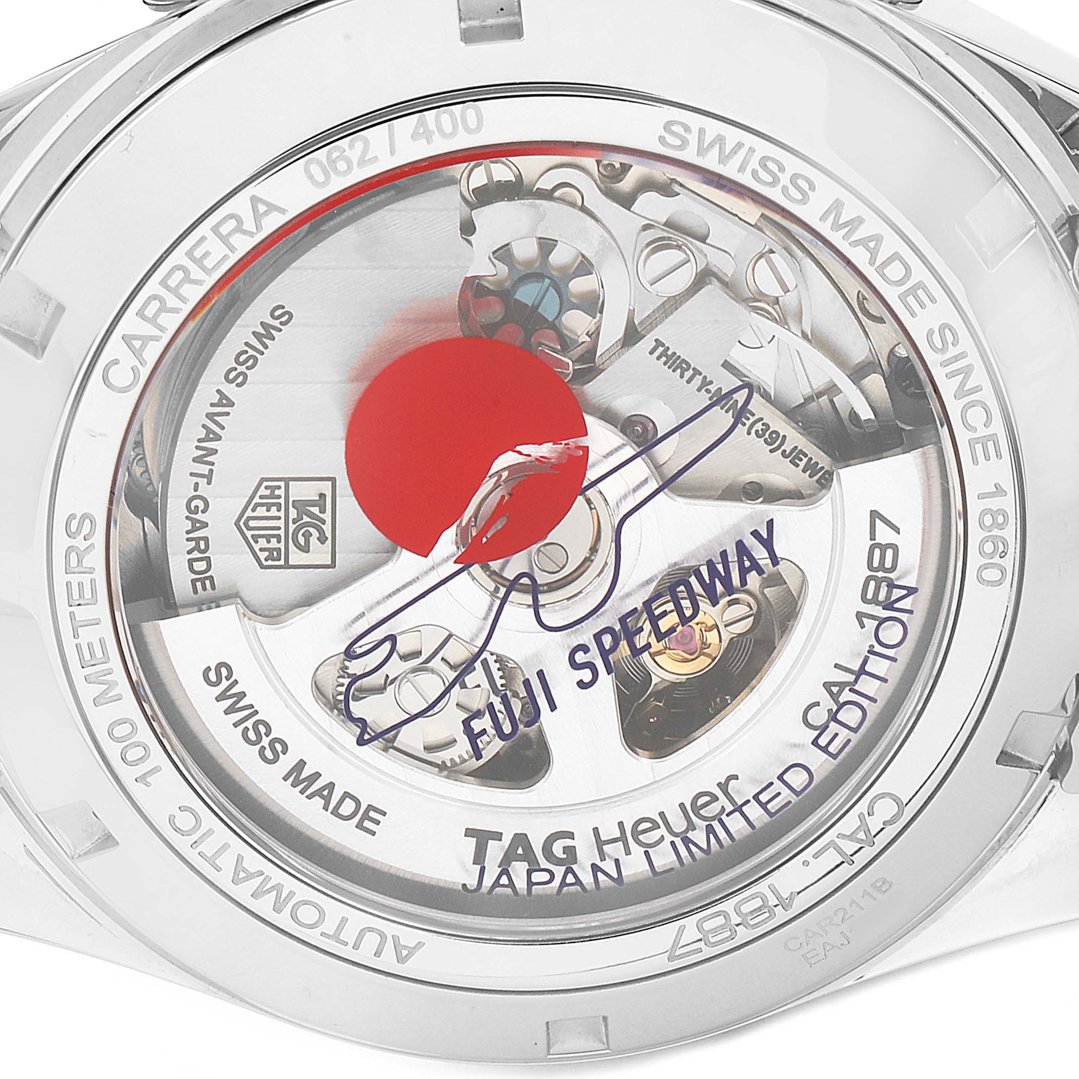 The image shows the rear view of a TAG Heuer Carrera watch, showcasing its automatic movement and limited edition details.