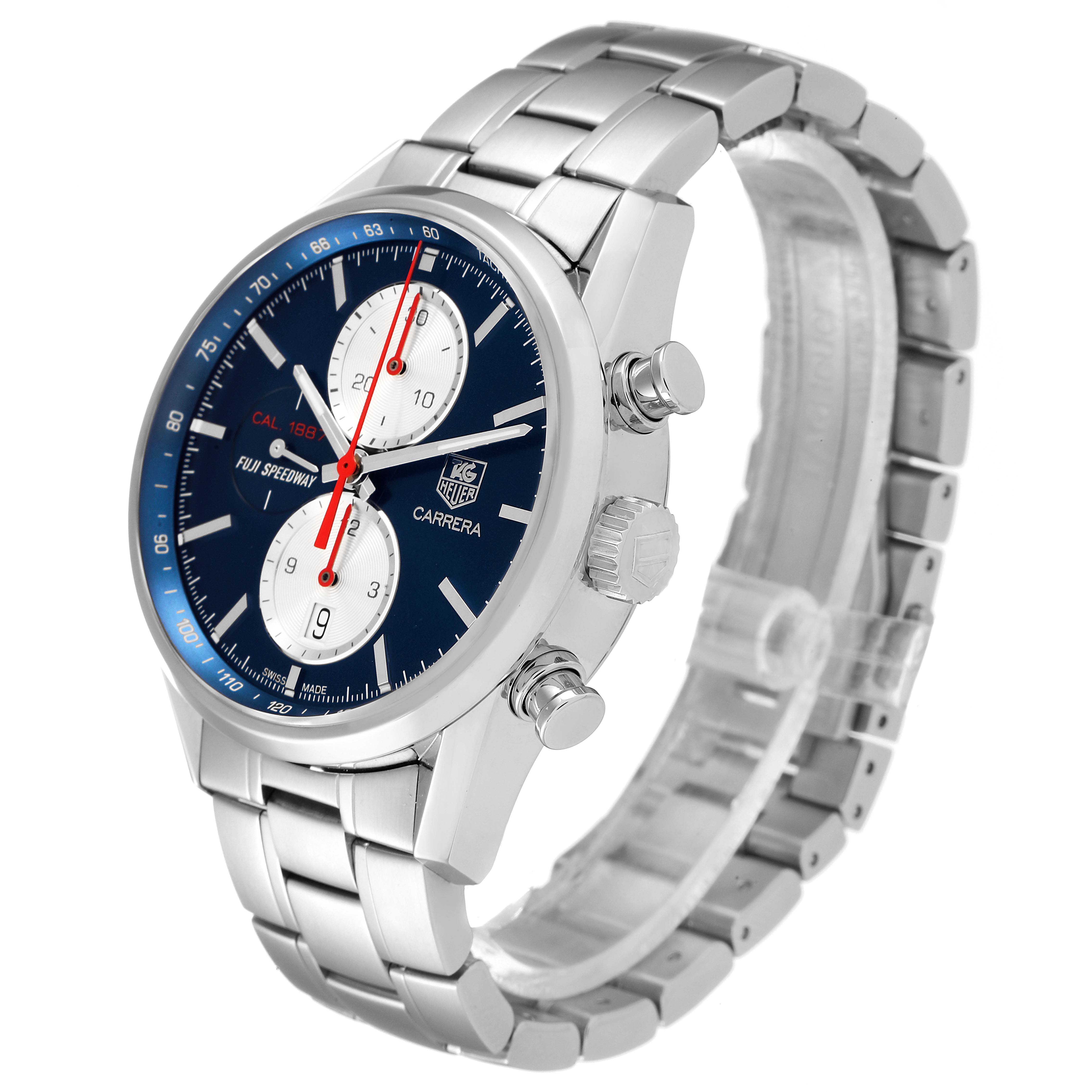 This image shows a Carrera model watch by Tag Heuer from a three-quarter angle, highlighting the face, bezel, and bracelet.