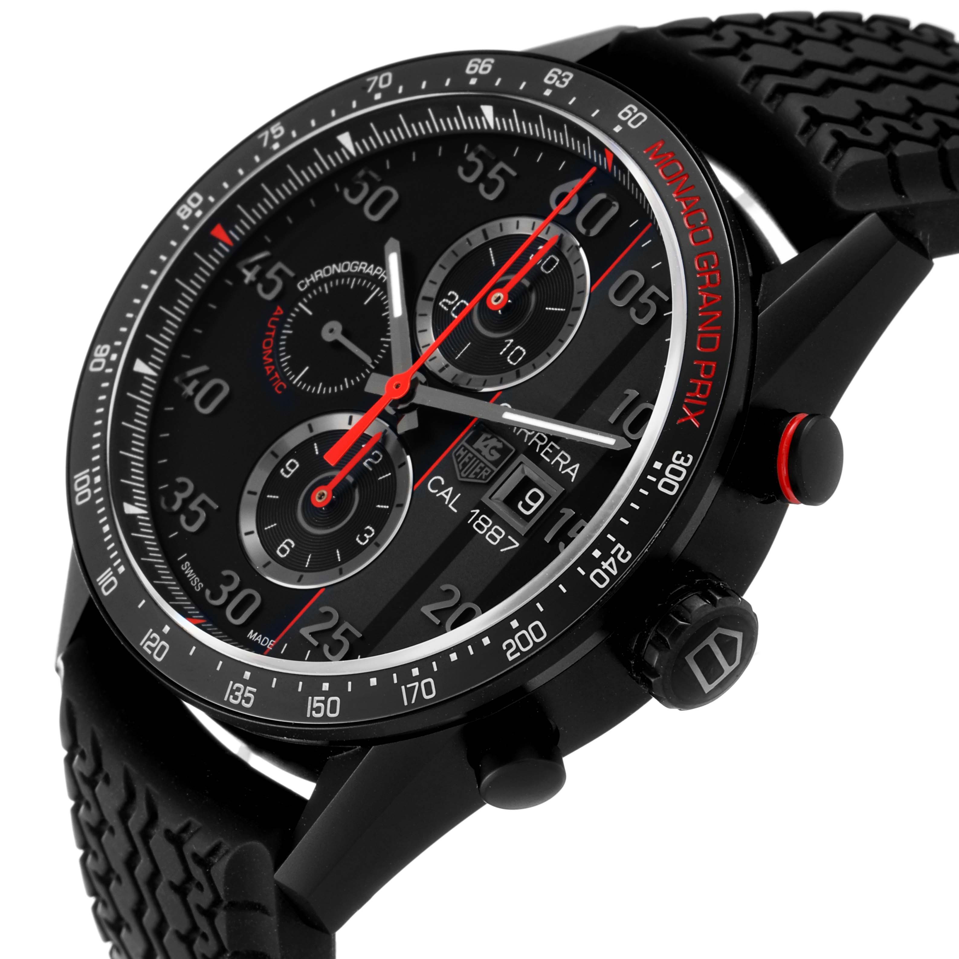 The image shows a side view angle of the Tag Heuer Monaco CAR2A83.FT6033 Men's Titanium Black Dial CAR2A83.FT6033 Men's Titanium Black Dial model watch, highlighting the face, bezel, and chronograph buttons.