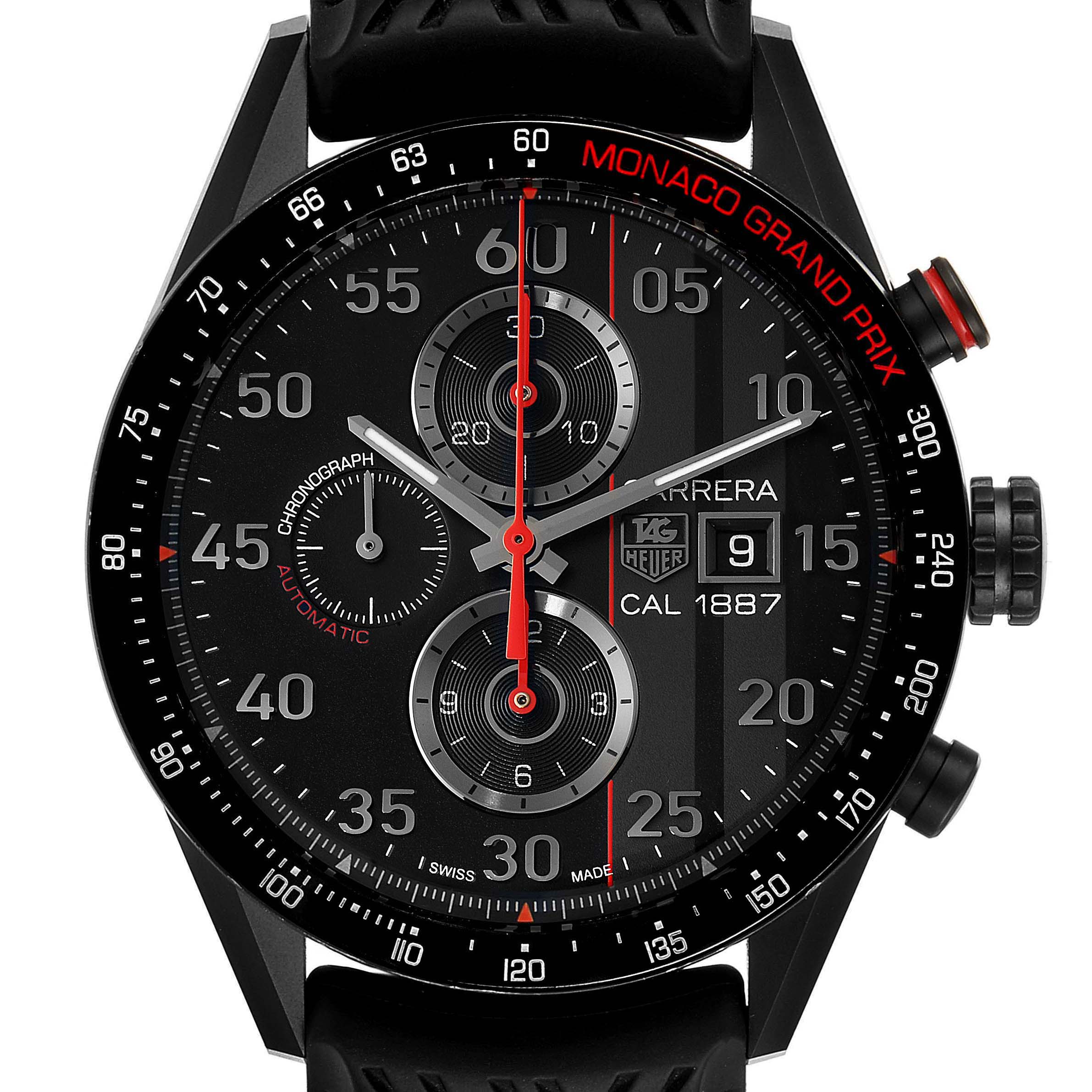 The image shows the front of the Tag Heuer Monaco CAR2A83.FT6033 Men's Titanium Black Dial CAR2A83.FT6033 Men's Titanium Black Dial model watch, highlighting its dial and chronograph features.
