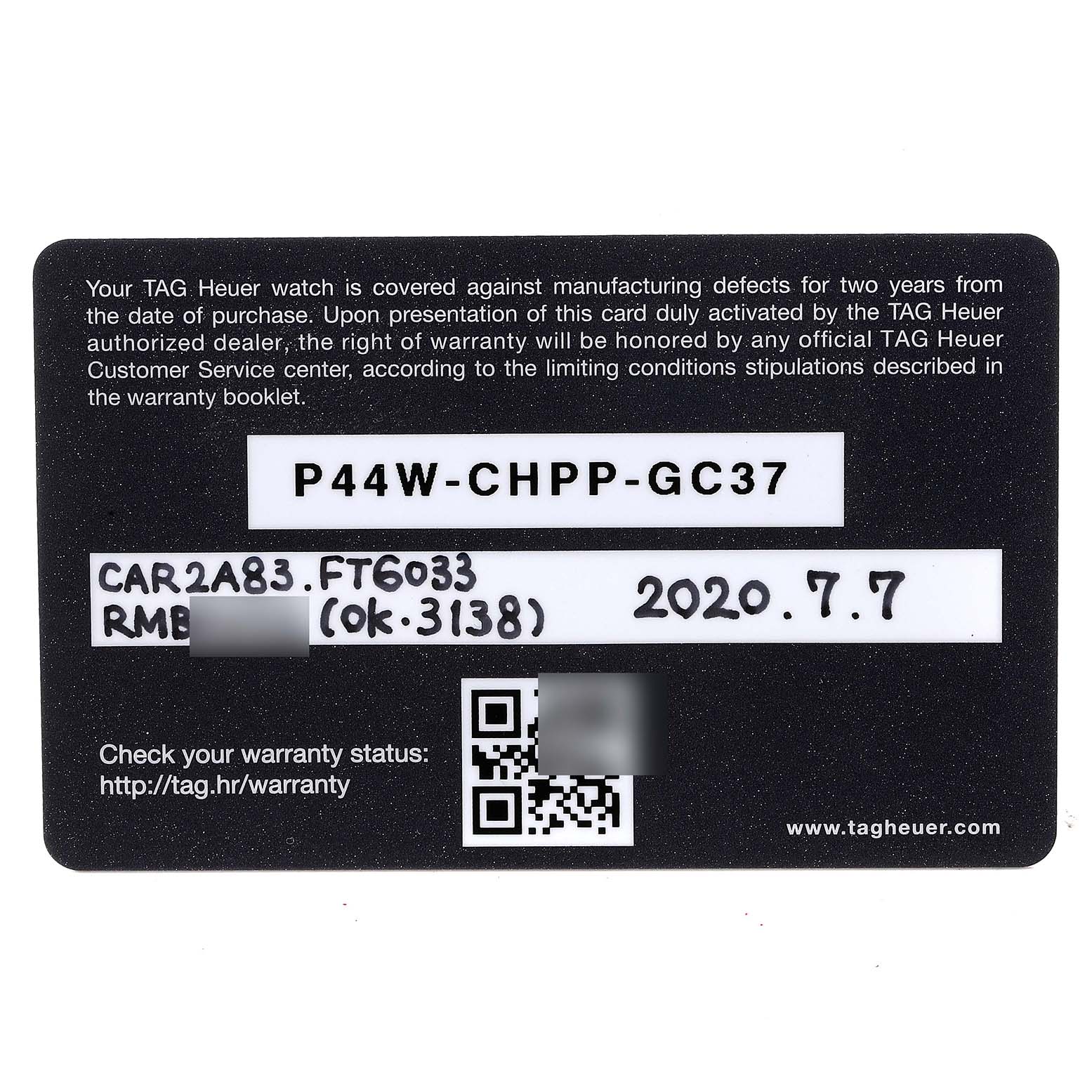 The image shows a warranty card for a Tag Heuer Monaco CAR2A83.FT6033 Men's Titanium Black Dial CAR2A83.FT6033 Men's Titanium Black Dial watch, including the model code, date, and QR code.